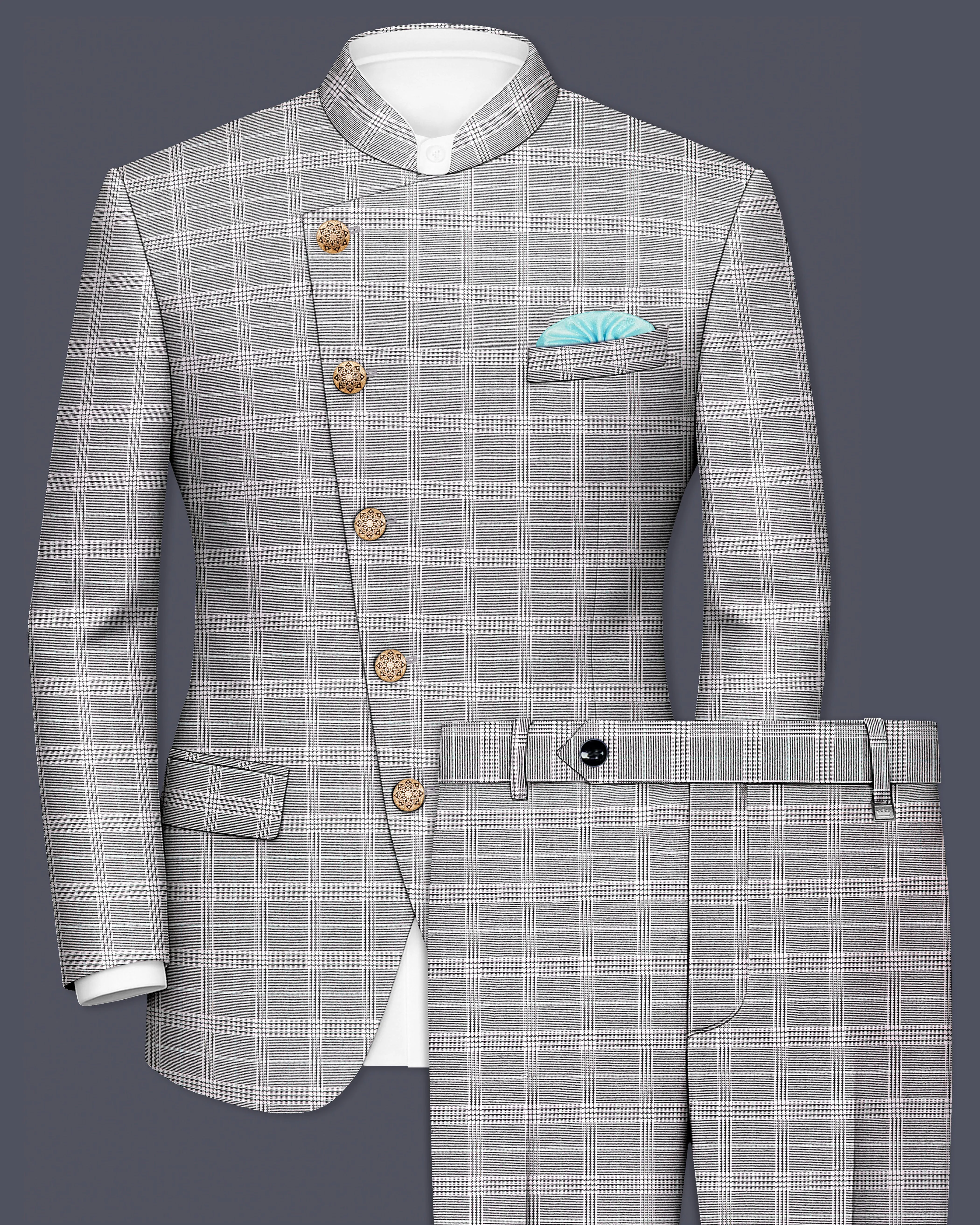 Venus Gray Plaid Wool Rich Cross Placket Bandhgala Suit sold by French Crown