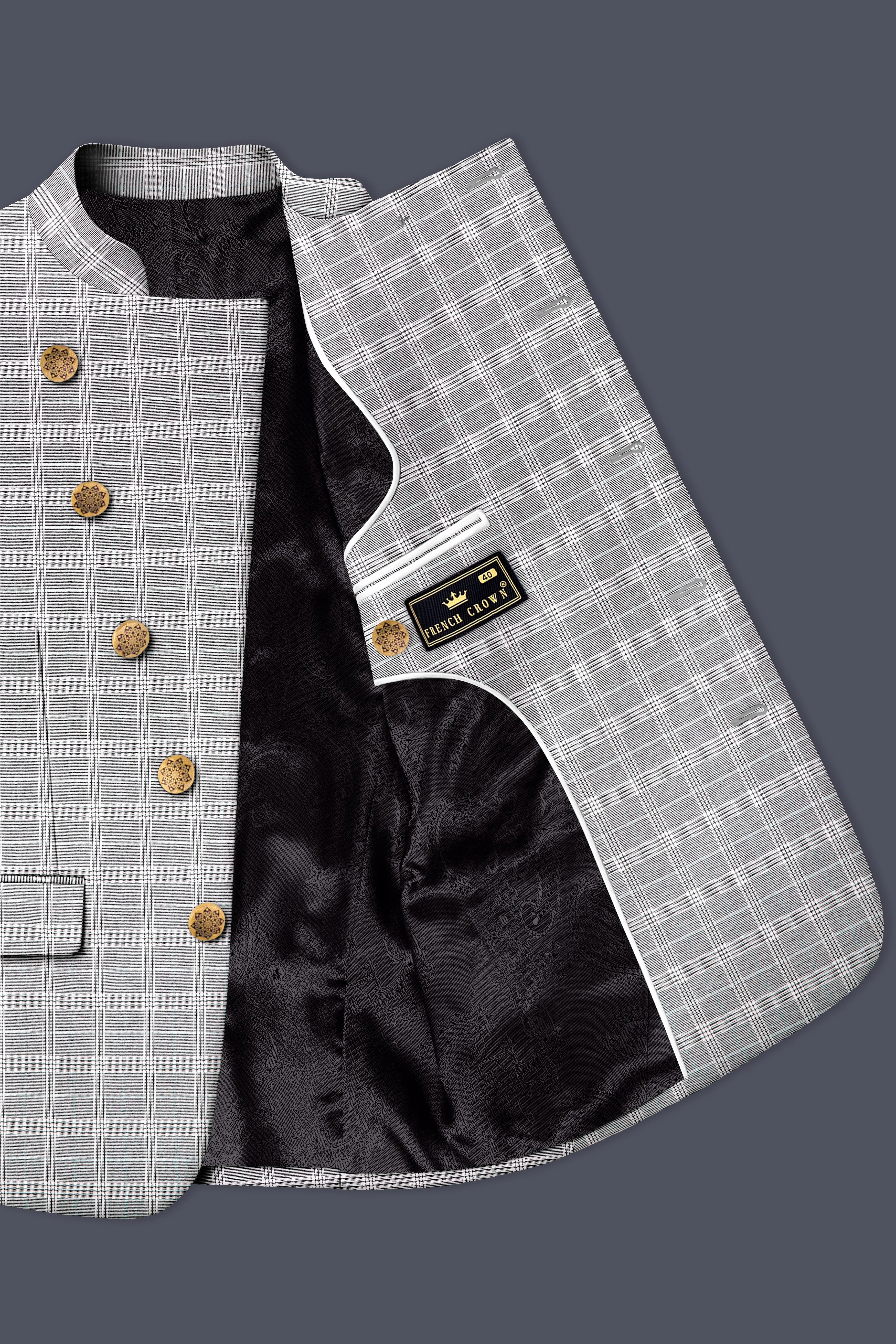 Venus Gray Plaid Wool Rich Cross Placket Bandhgala Suit sold by French Crown product image thumbnail 5