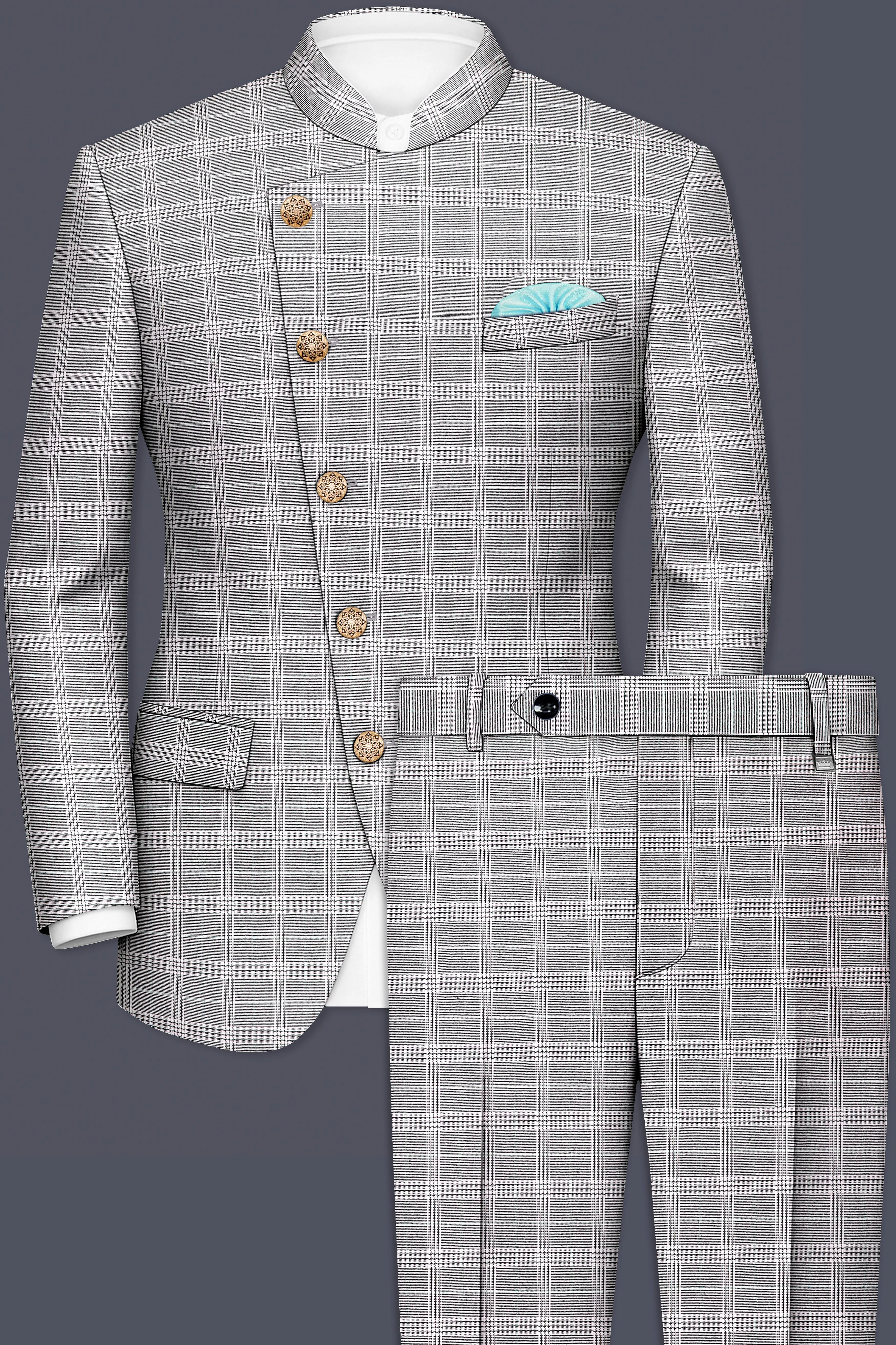 Venus Gray Plaid Wool Rich Cross Placket Bandhgala Suit sold by French Crown product image thumbnail 2