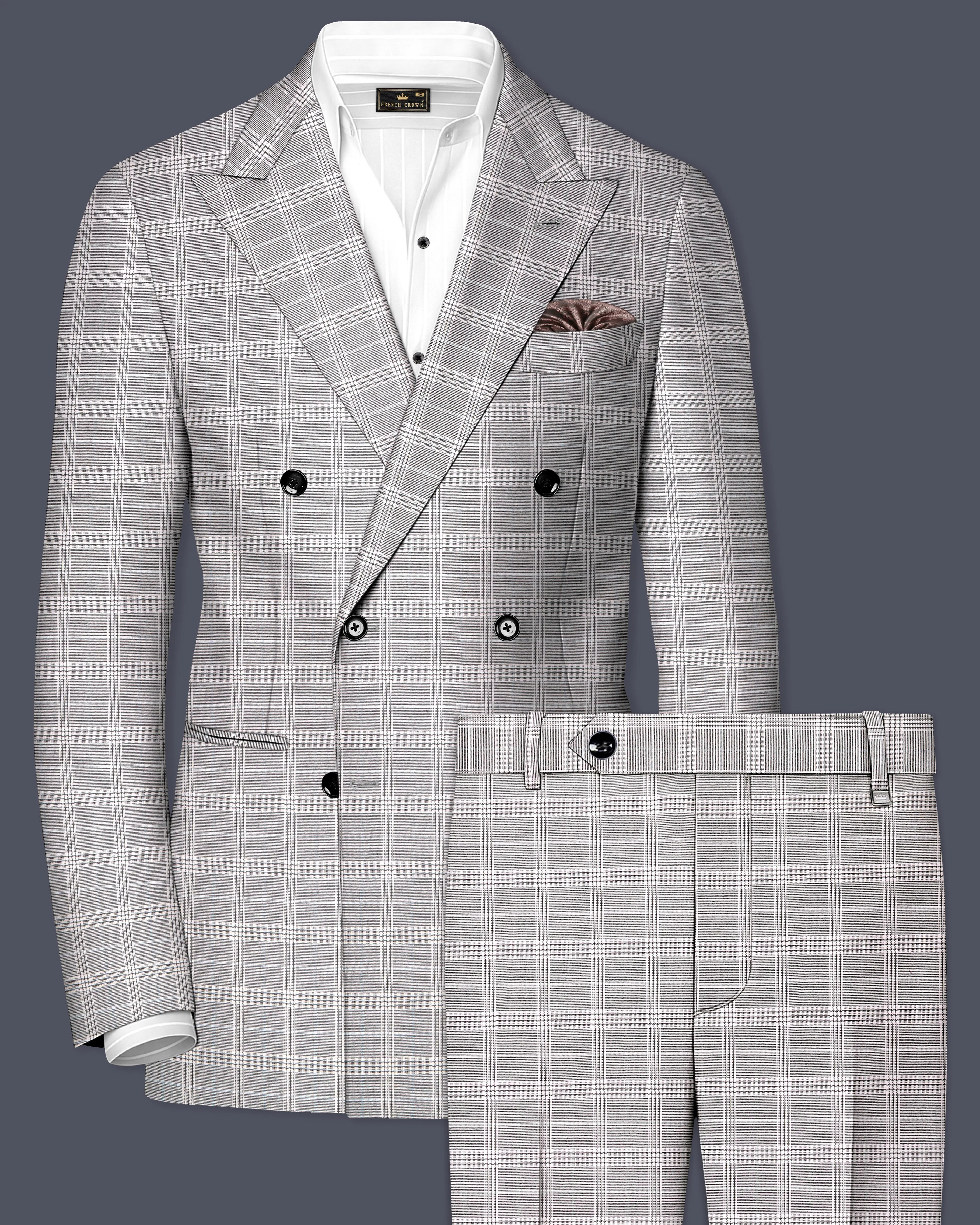 Monsoon Gray Plaid Wool Rich Double Breasted Suit sold by French Crown