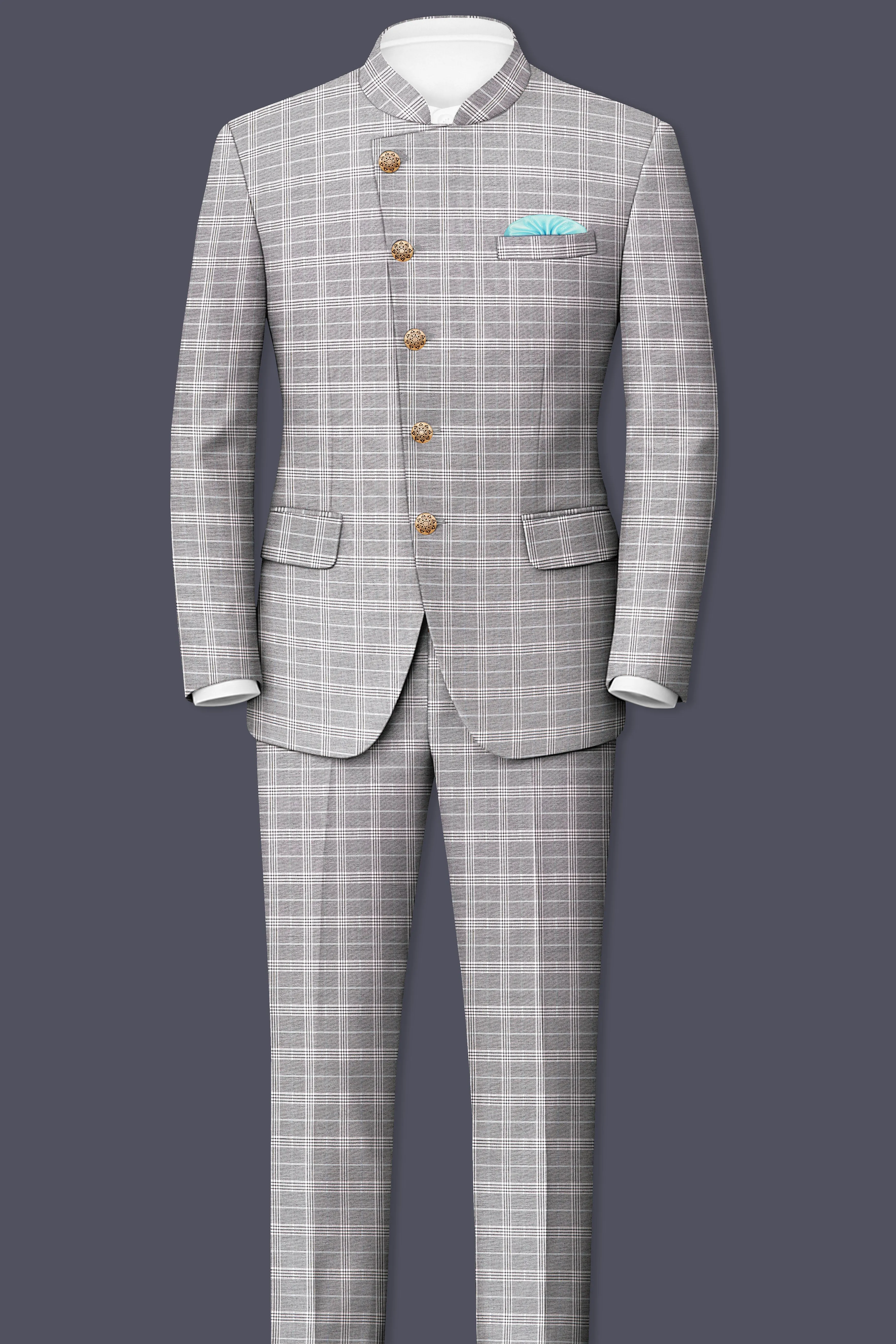 Monsoon Gray Plaid Wool Rich Cross Placket Bandhgala Suit sold by French Crown product image thumbnail 4