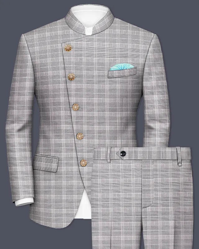 Monsoon Gray Plaid Wool Rich Cross Placket Bandhgala Suit sold by French Crown