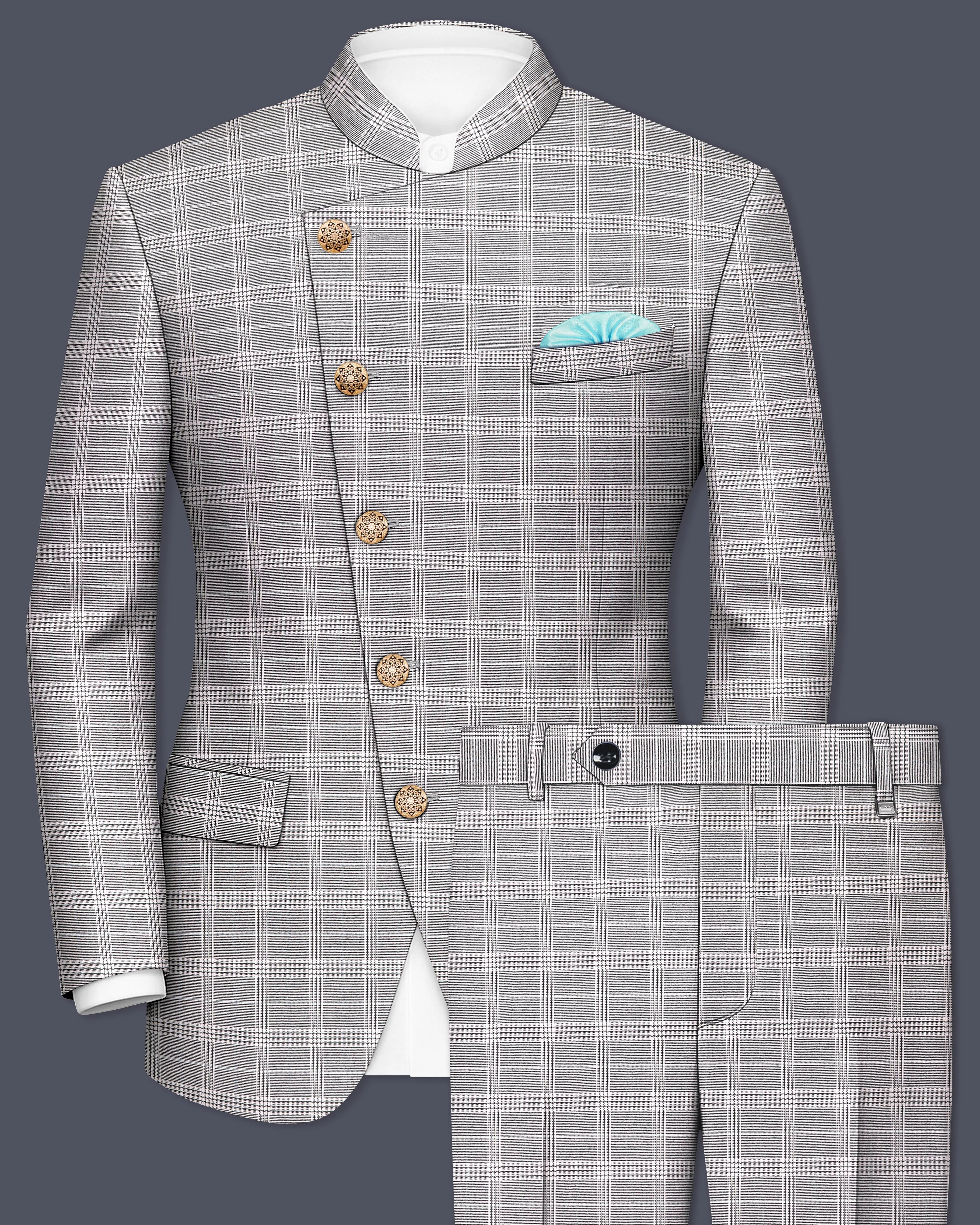 Monsoon Gray Plaid Wool Rich Cross Placket Bandhgala Suit sold by French Crown