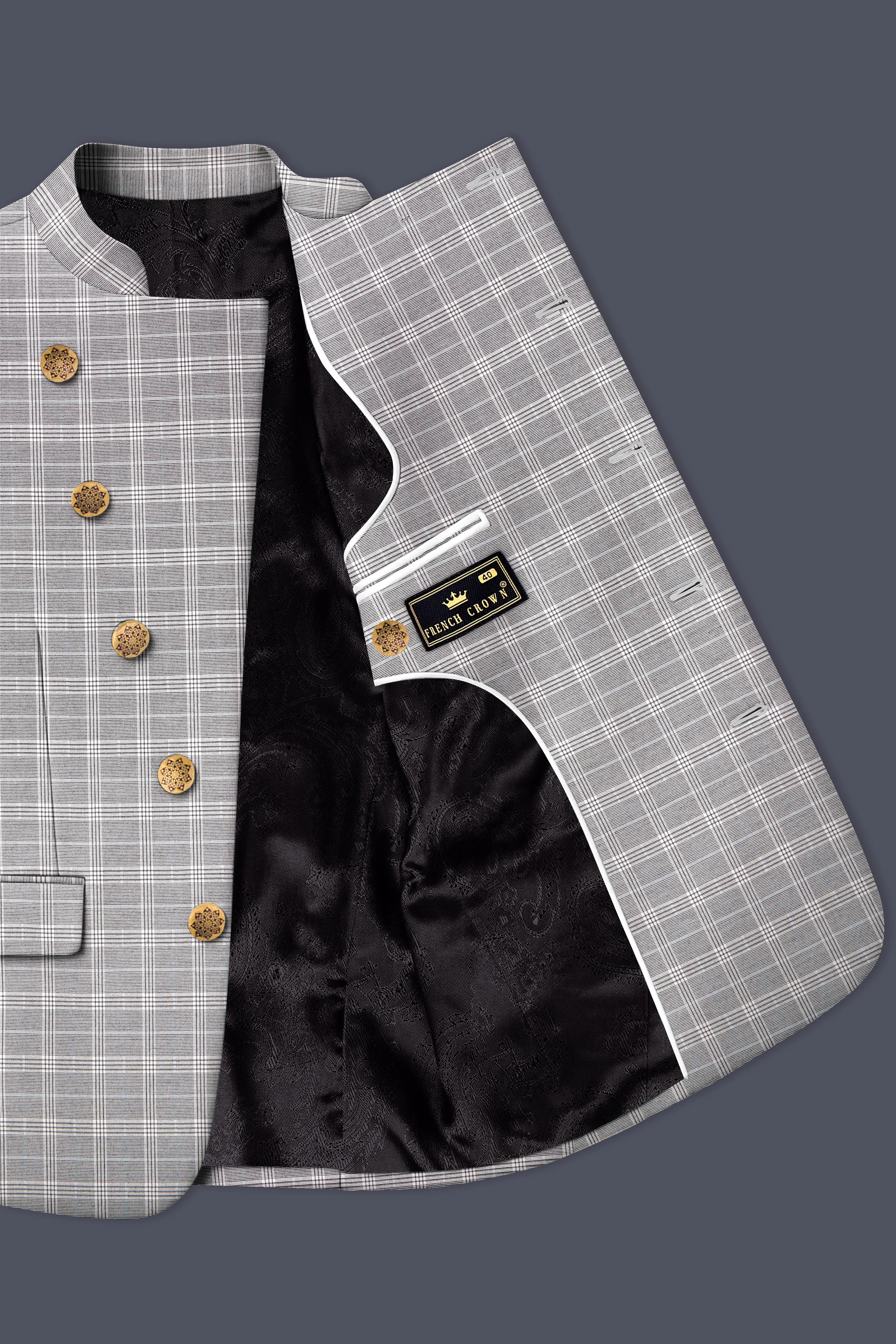 Monsoon Gray Plaid Wool Rich Cross Placket Bandhgala Suit sold by French Crown product image thumbnail 5