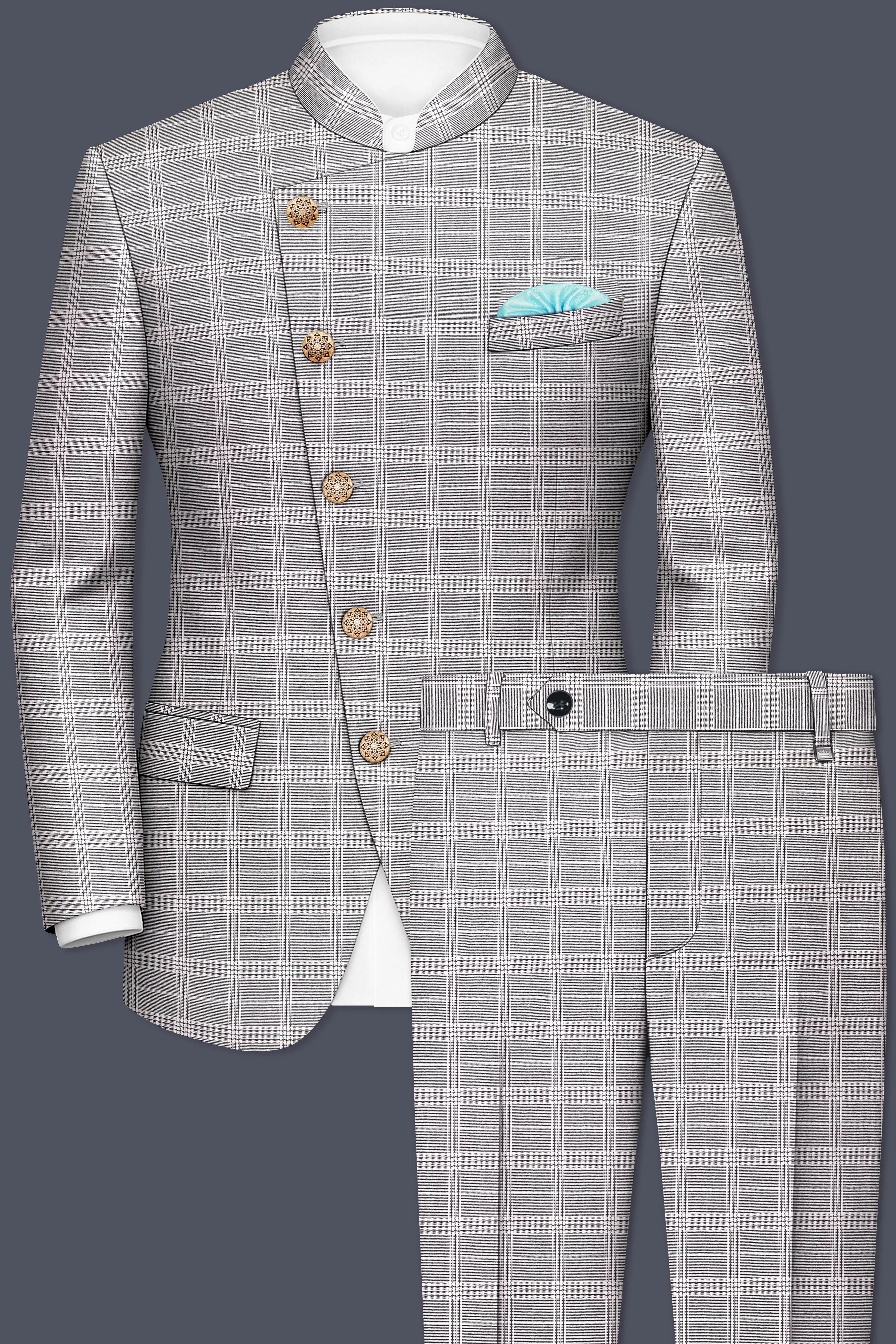 Monsoon Gray Plaid Wool Rich Cross Placket Bandhgala Suit sold by French Crown product image thumbnail 2