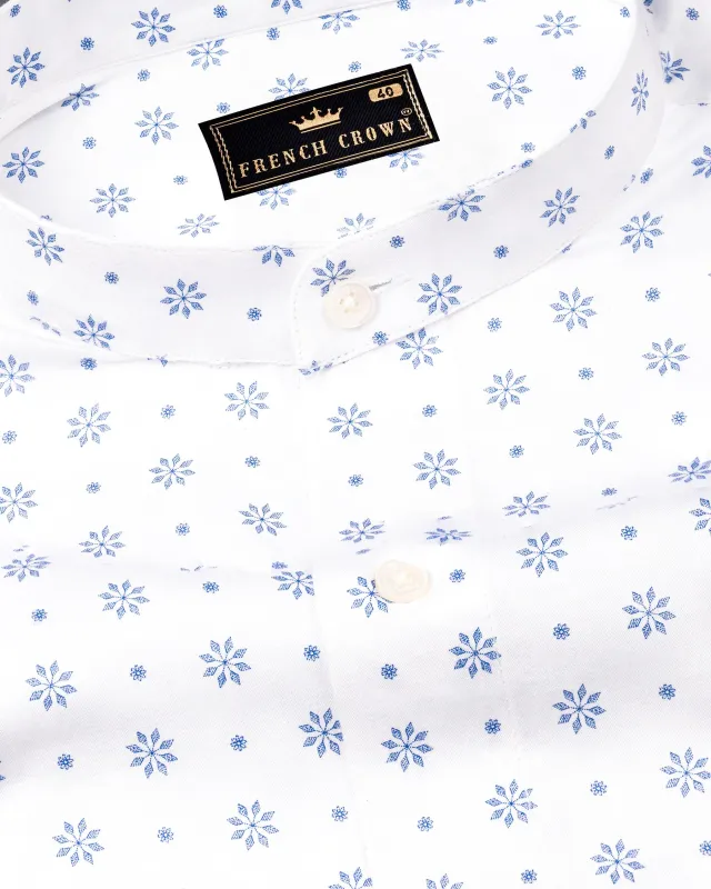 Bright White With Pale Cerulean Blue Floral Printed Premium Cotton Shirt sold by French Crown