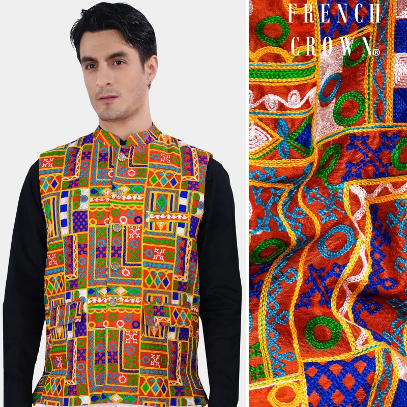 Sinopia Red with Smalt Blue and Peel Orange Cotton Thread Embroidered Nehru Jacket sold by French Crown