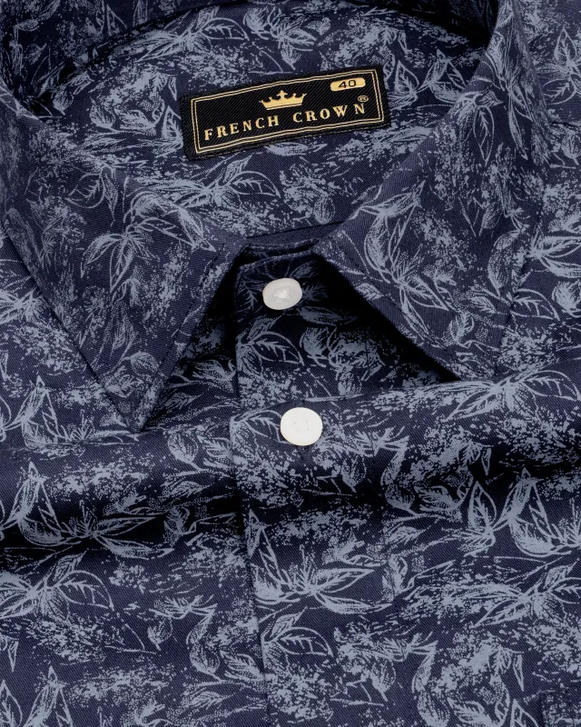 Martinique Blue with Amethyst Smoke Gray Floral Printed Twill Premium Cotton Shirt sold by French Crown