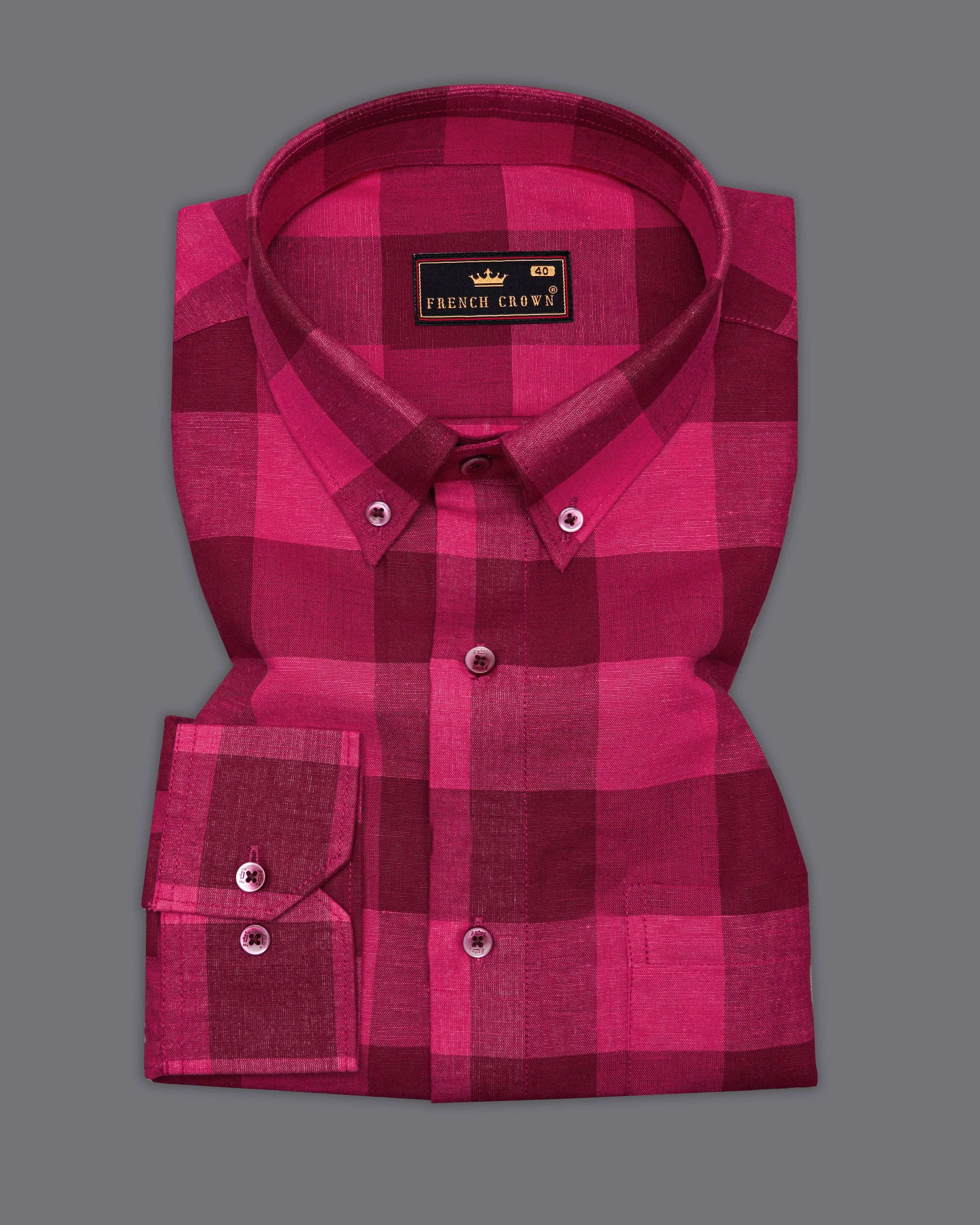 Scarlet Maroon with Hibiscus Pink Luxurious Linen Shirt sold by French Crown product image thumbnail 3