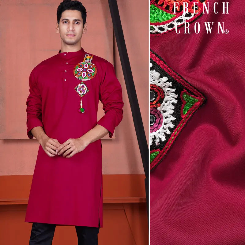 Vivid Auburn Red Multicolour Kutch Work Patches with Mirror Work Subtle Sheen Super Soft Premium Cotton Designer Kurta sold by French Crown