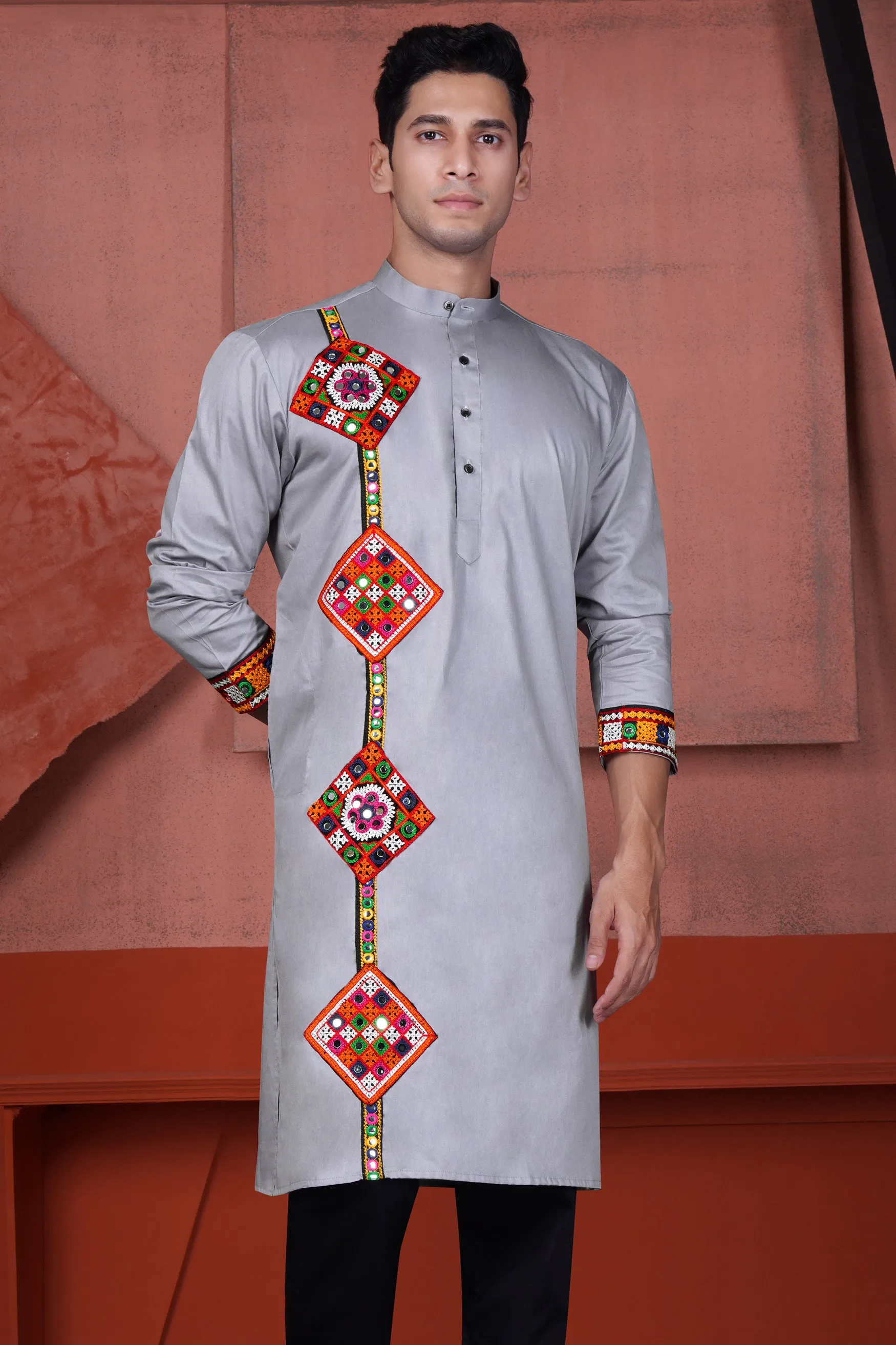 Haze Gray Multicolour Kutch Work Patches with Mirror Work Subtle Sheen Super Soft Premium Cotton Designer Kurta sold by French Crown product image thumbnail 2