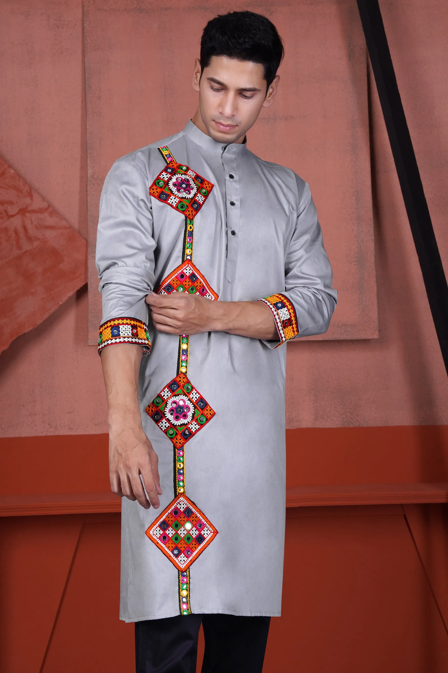 Haze Gray Multicolour Kutch Work Patches with Mirror Work Subtle Sheen Super Soft Premium Cotton Designer Kurta sold by French Crown product image thumbnail 5