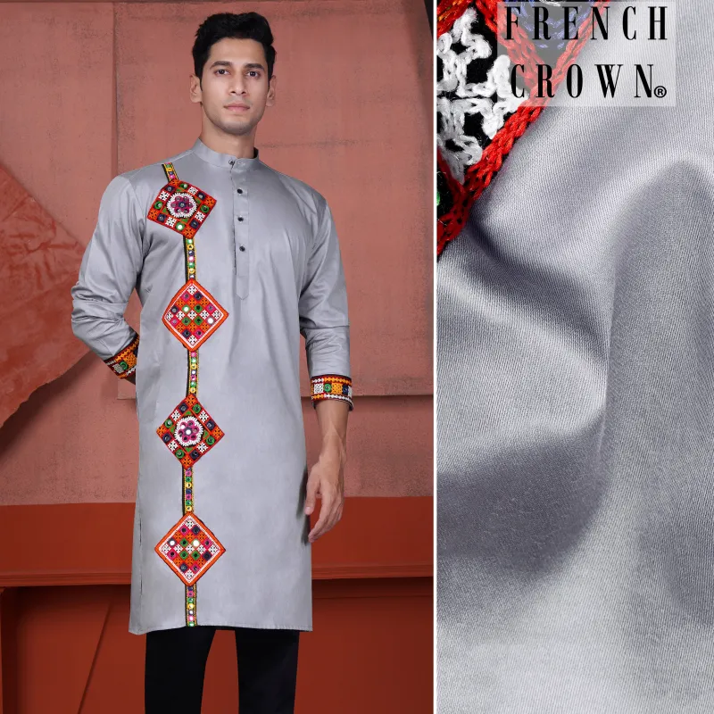 Haze Gray Multicolour Kutch Work Patches with Mirror Work Subtle Sheen Super Soft Premium Cotton Designer Kurta sold by French Crown