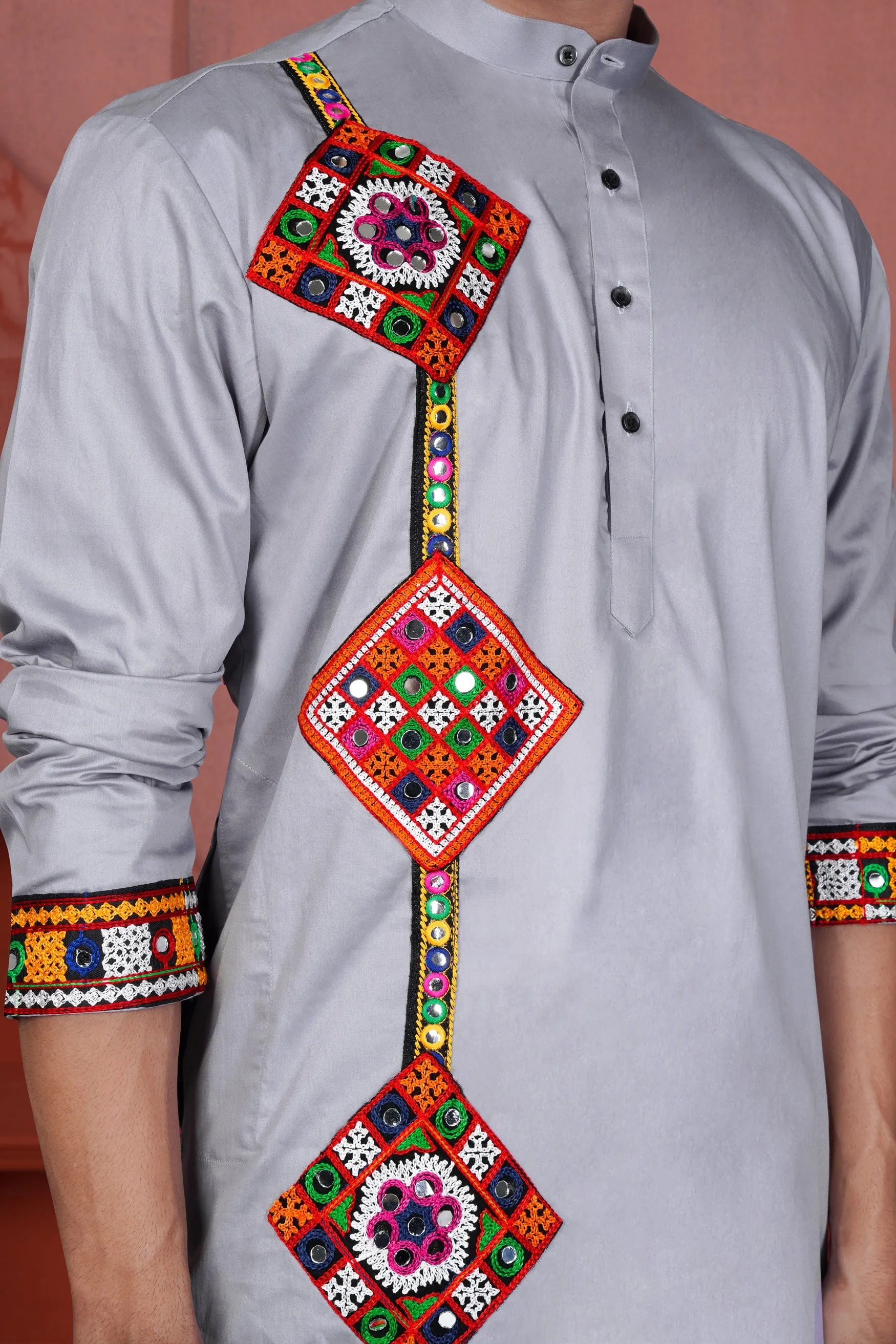 Haze Gray Multicolour Kutch Work Patches with Mirror Work Subtle Sheen Super Soft Premium Cotton Designer Kurta sold by French Crown product image thumbnail 4