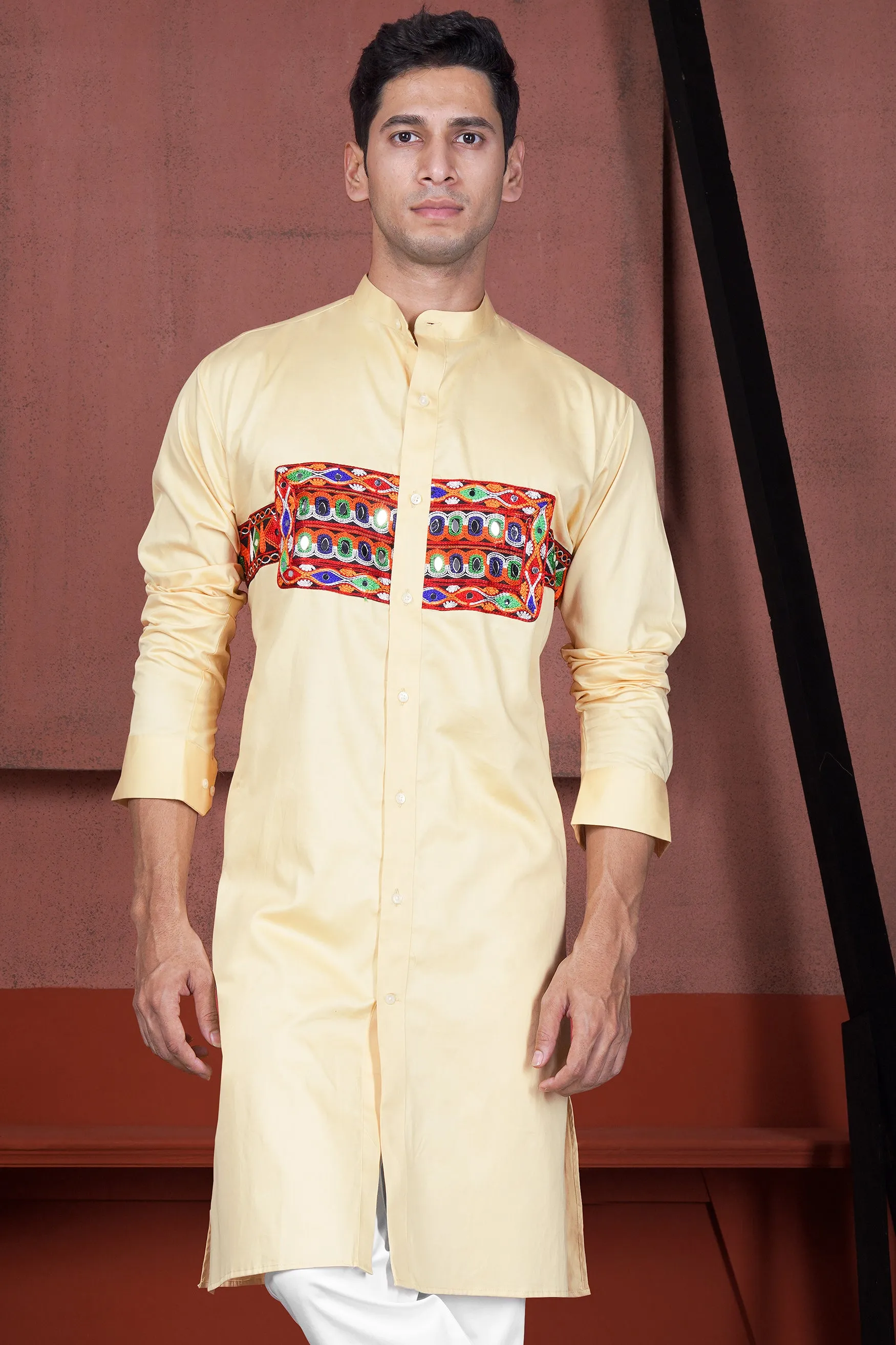 Chamois Beige Horizontal Kutch Work Patches with Mirror Work Subtle Sheen Super Soft Premium Cotton Designer Kurta sold by French Crown product image thumbnail 2