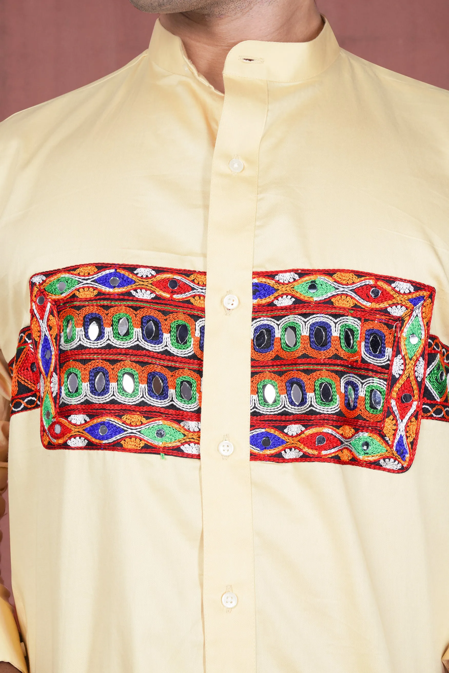 Chamois Beige Horizontal Kutch Work Patches with Mirror Work Subtle Sheen Super Soft Premium Cotton Designer Kurta sold by French Crown product image thumbnail 4