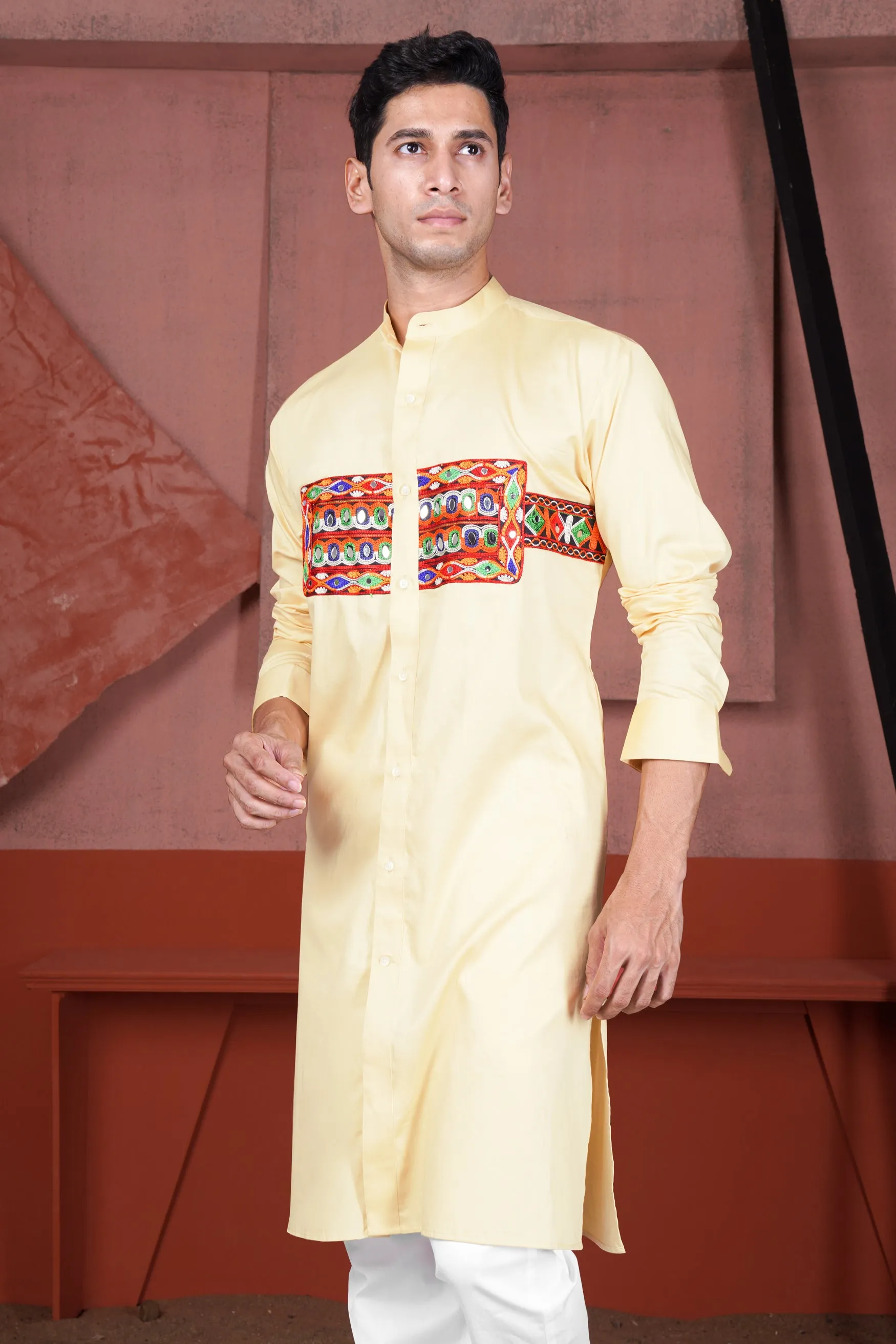 Chamois Beige Horizontal Kutch Work Patches with Mirror Work Subtle Sheen Super Soft Premium Cotton Designer Kurta sold by French Crown product image thumbnail 5