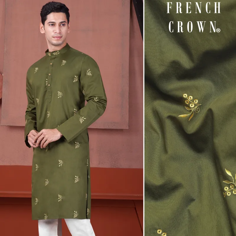 Hemlock Green Floral Embroidered Subtle Sheen Super Soft Premium Cotton Designer Kurta sold by French Crown