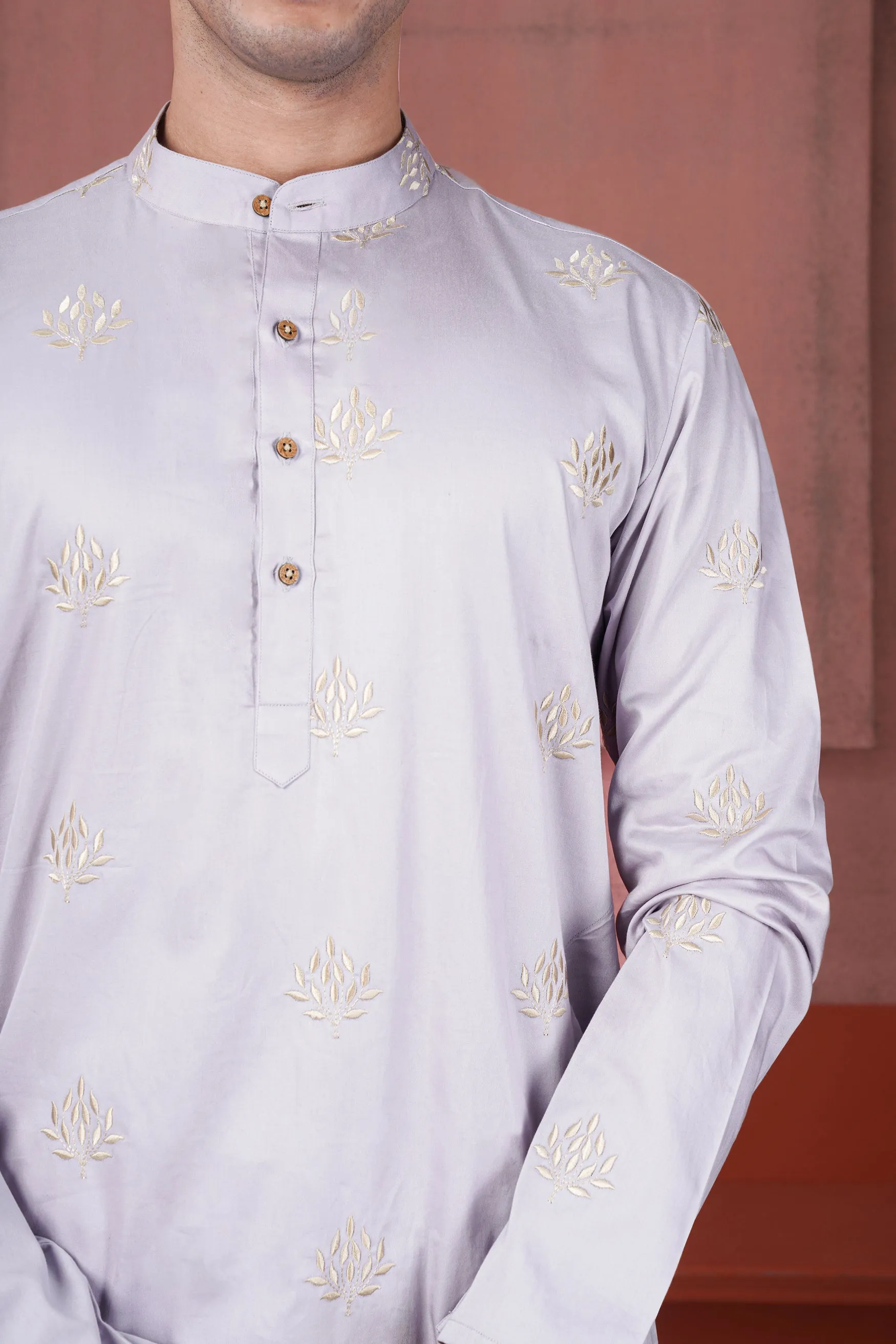 Pearl Lavender Leaves Embroidered Subtle Sheen Super Soft Premium Cotton Designer Kurta sold by French Crown product image thumbnail 4