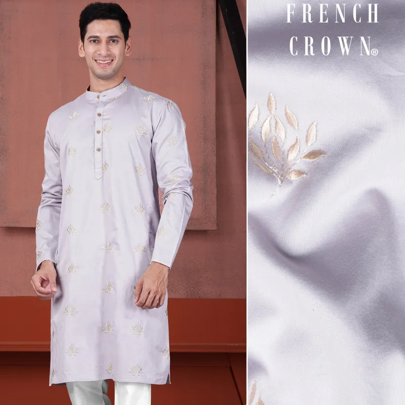 Pearl Lavender Leaves Embroidered Subtle Sheen Super Soft Premium Cotton Designer Kurta sold by French Crown