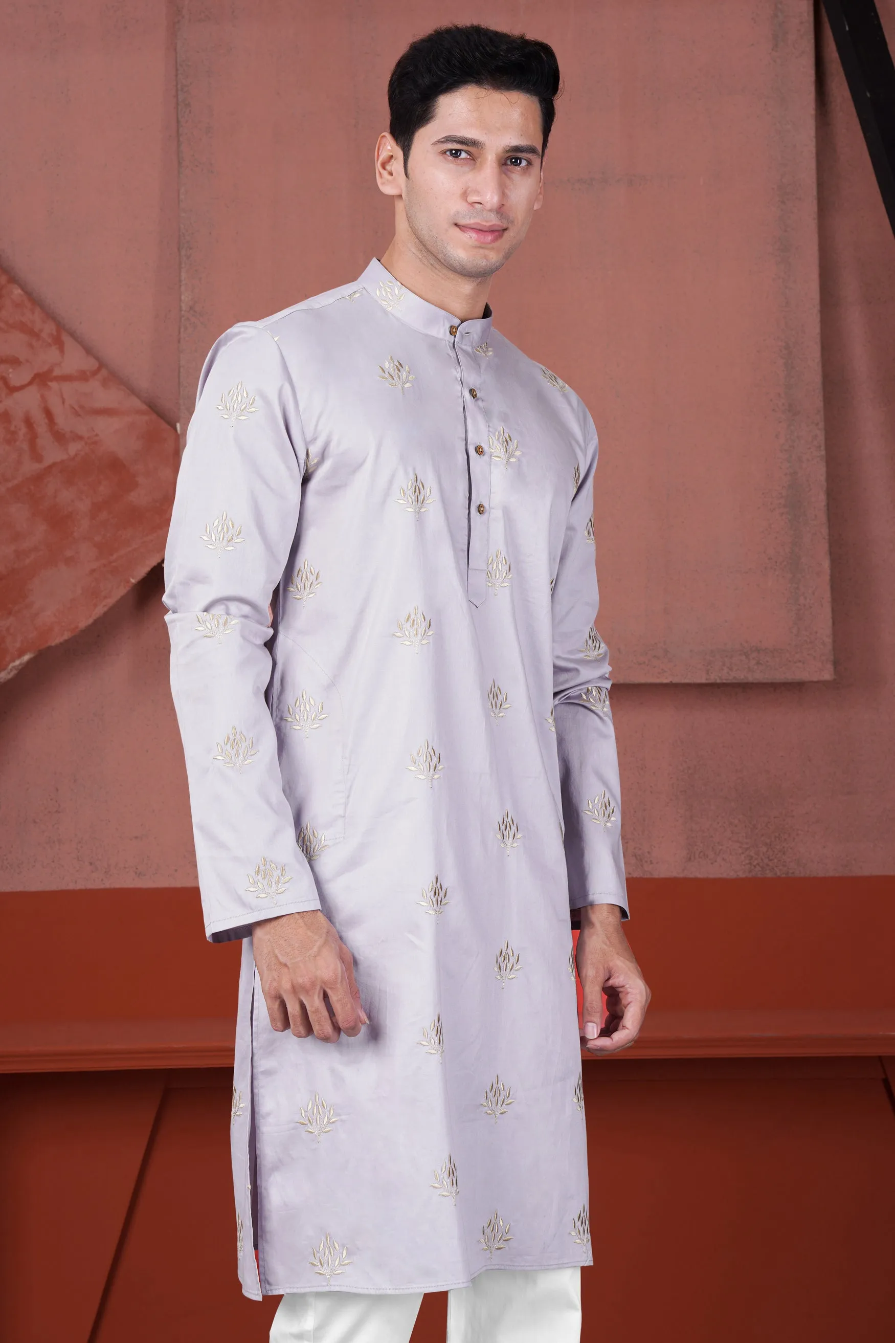 Pearl Lavender Leaves Embroidered Subtle Sheen Super Soft Premium Cotton Designer Kurta sold by French Crown product image thumbnail 5