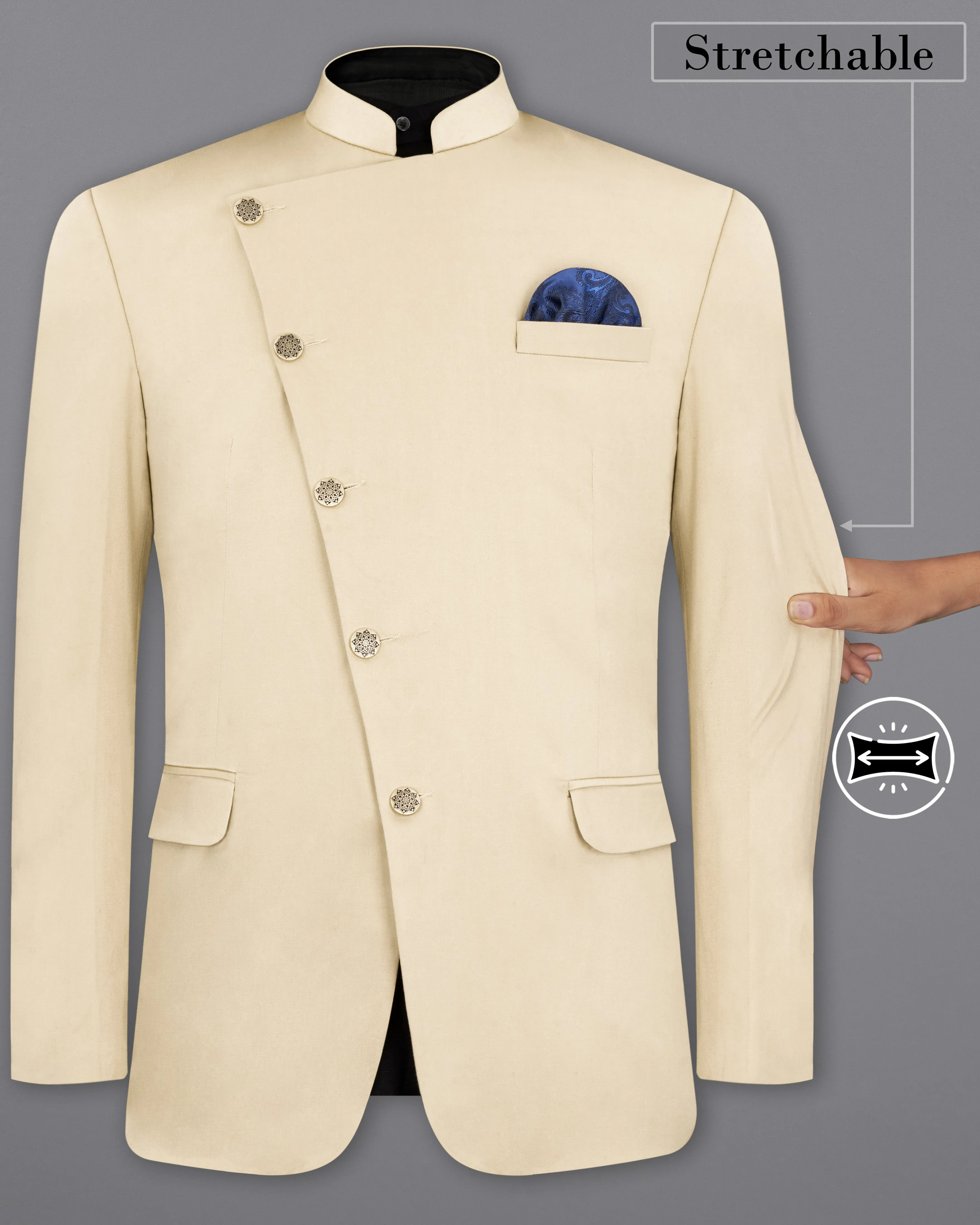 Moon Mist Beige Stretchable Cross Placket Bandhgala Premium Cotton traveler Blazer sold by French Crown product image thumbnail 2