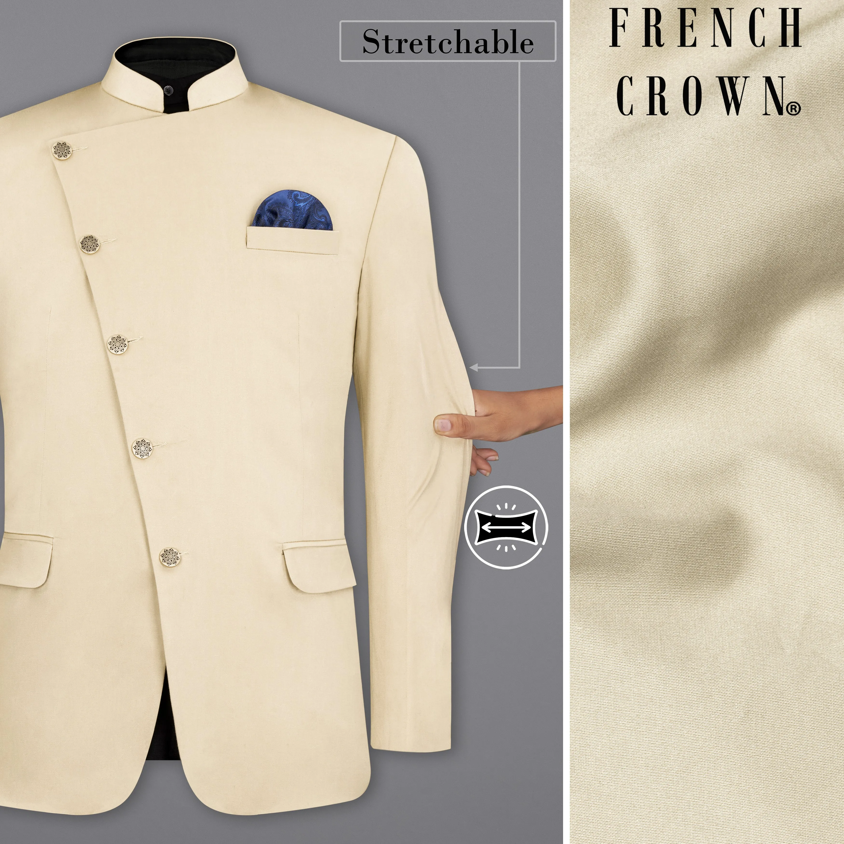 Moon Mist Beige Stretchable Cross Placket Bandhgala Premium Cotton traveler Blazer sold by French Crown