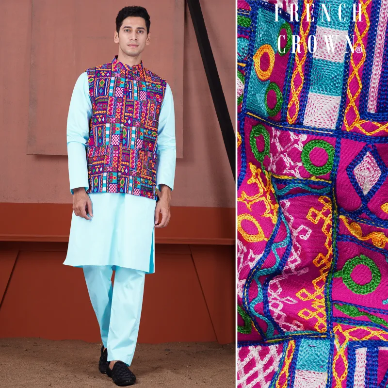 Charlotte Blue with Cotton Thread Embroidered Designer Kurta with Nehru Jacket sold by French Crown