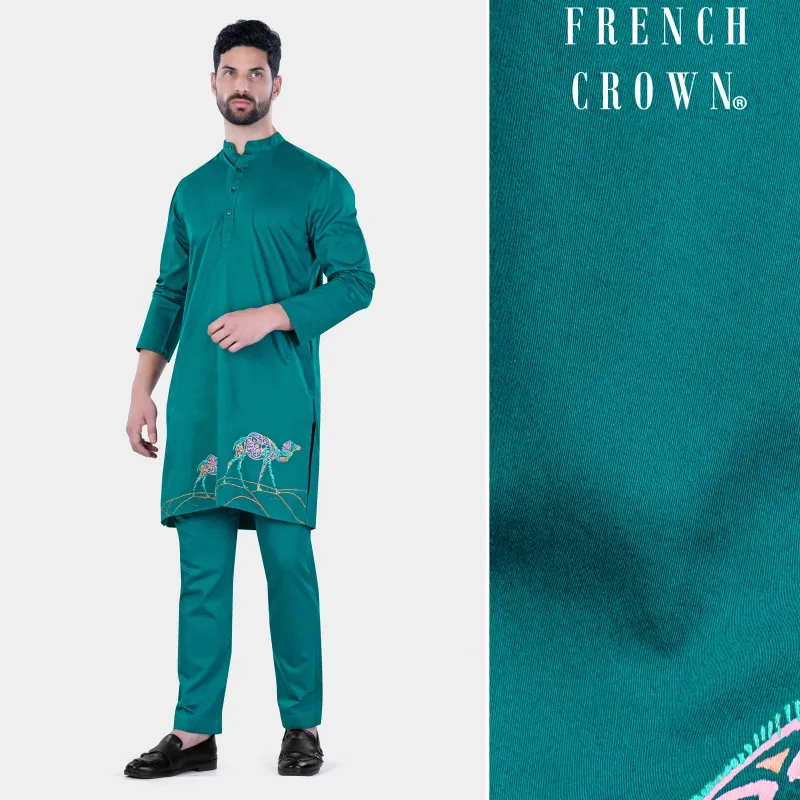 Aquamarine Green Camel Hand Painted Subtle Sheen Super Soft Premium Cotton Designer Kurta Set sold by French Crown