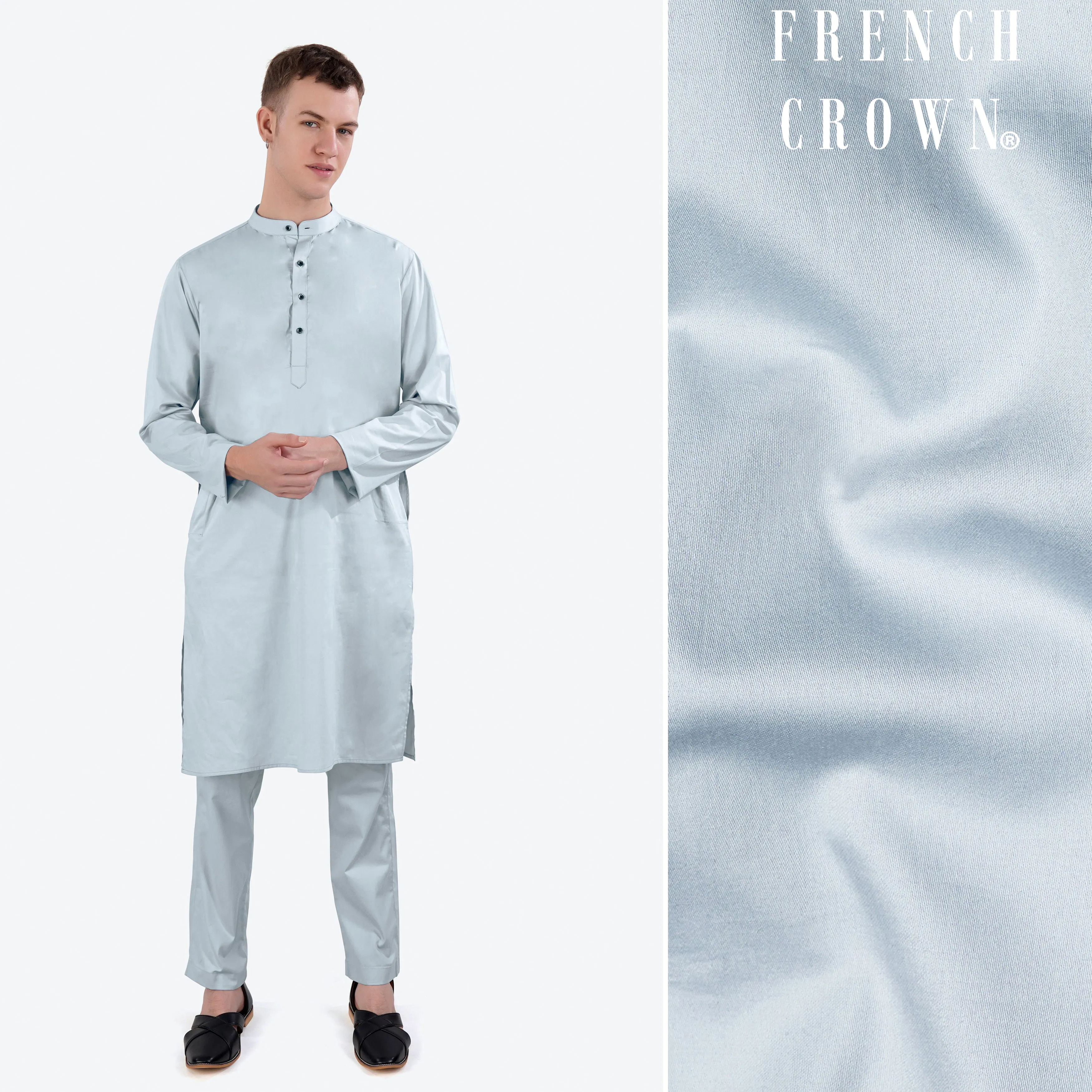Oyster Blue Subtle Sheen Super Soft Premium Cotton Kurta Set sold by French Crown