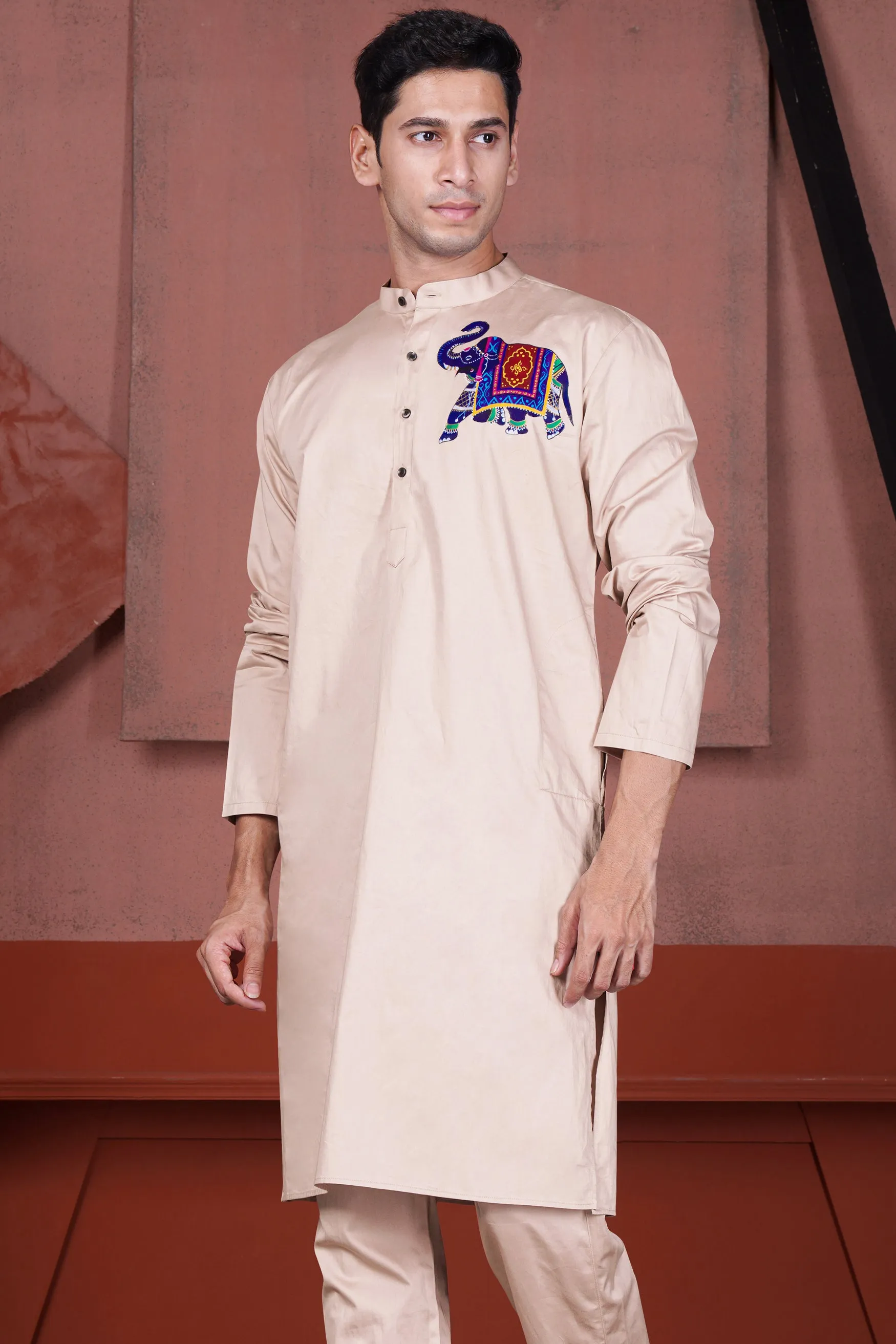 Cavern Peach Elephant Hand Painted Subtle Sheen Super Soft Premium Cotton Designer Kurta sold by French Crown product image thumbnail 2