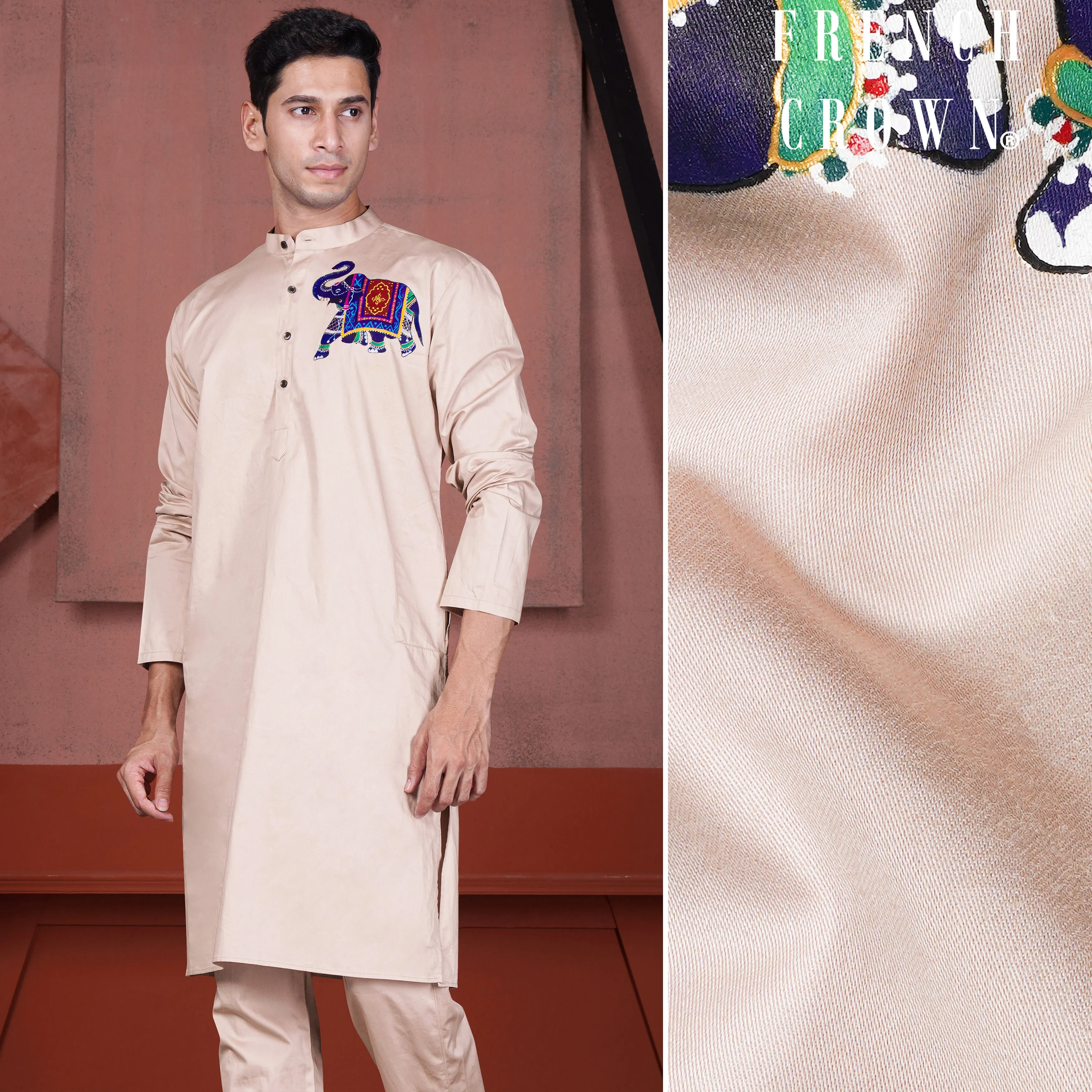 Cavern Peach Elephant Hand Painted Subtle Sheen Super Soft Premium Cotton Designer Kurta sold by French Crown