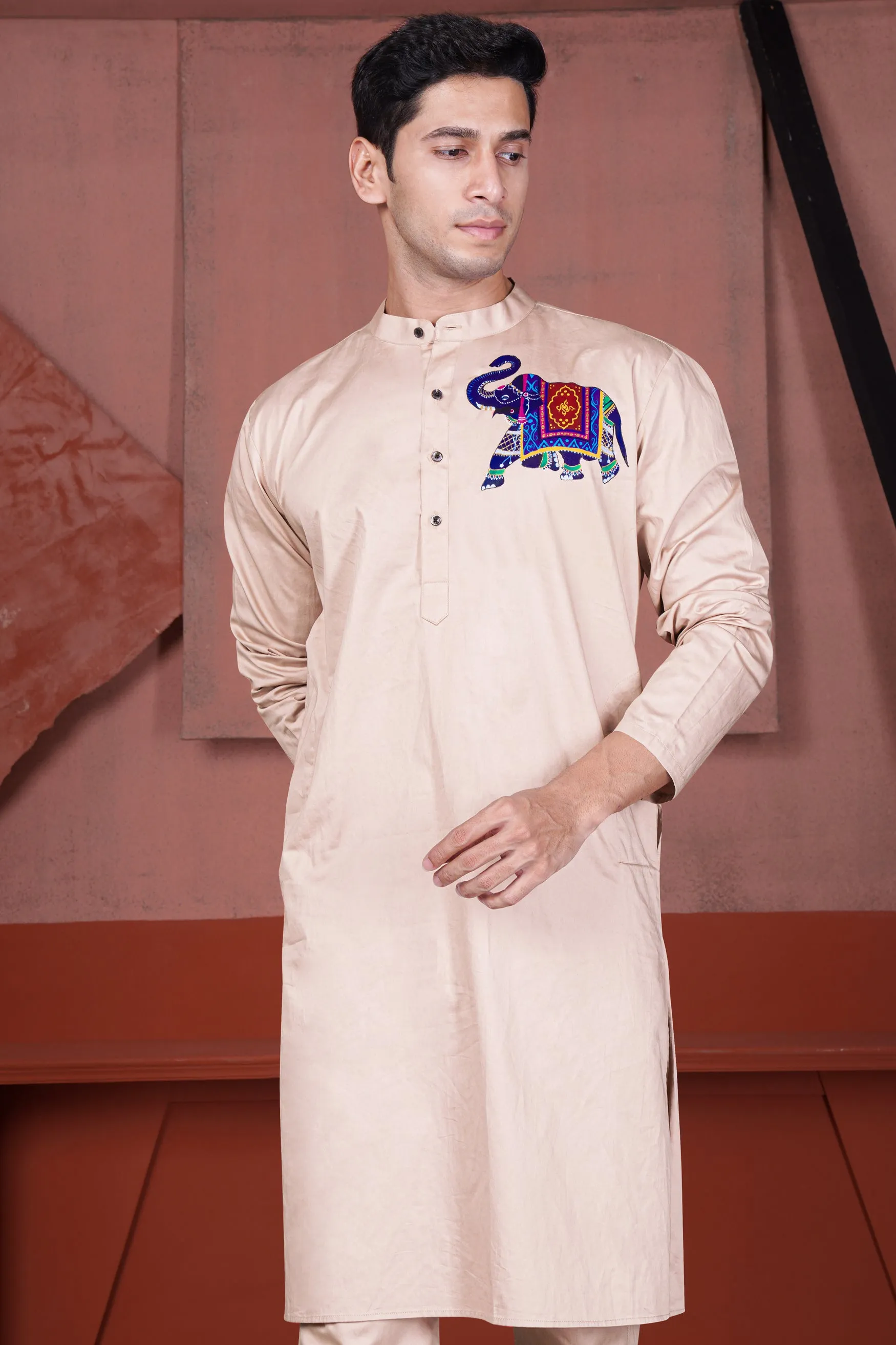 Cavern Peach Elephant Hand Painted Subtle Sheen Super Soft Premium Cotton Designer Kurta sold by French Crown product image thumbnail 5