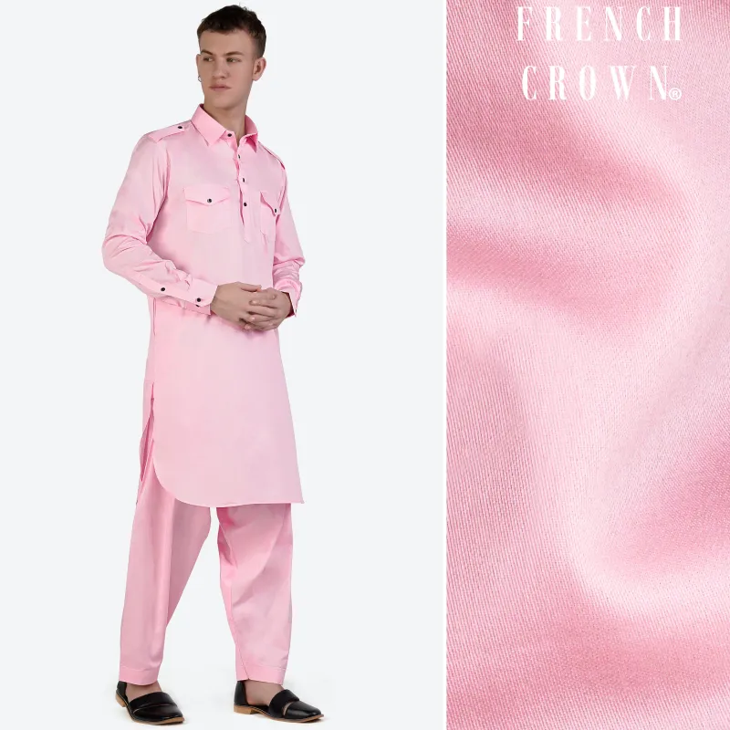 Pastel Pink Subtle Sheen Super Soft Premium Cotton Pathani Set sold by French Crown
