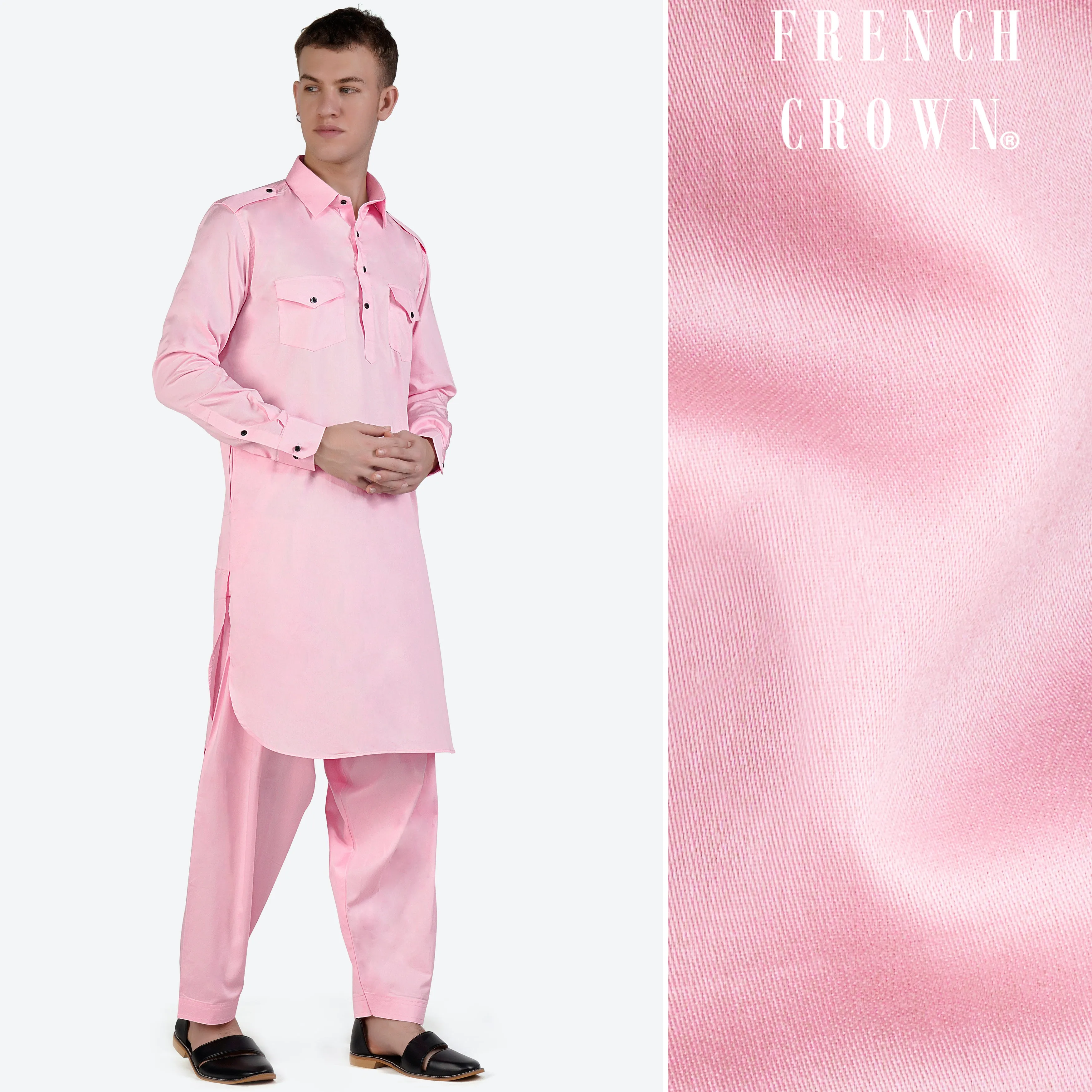 Pastel Pink Subtle Sheen Super Soft Premium Cotton Pathani Set sold by French Crown
