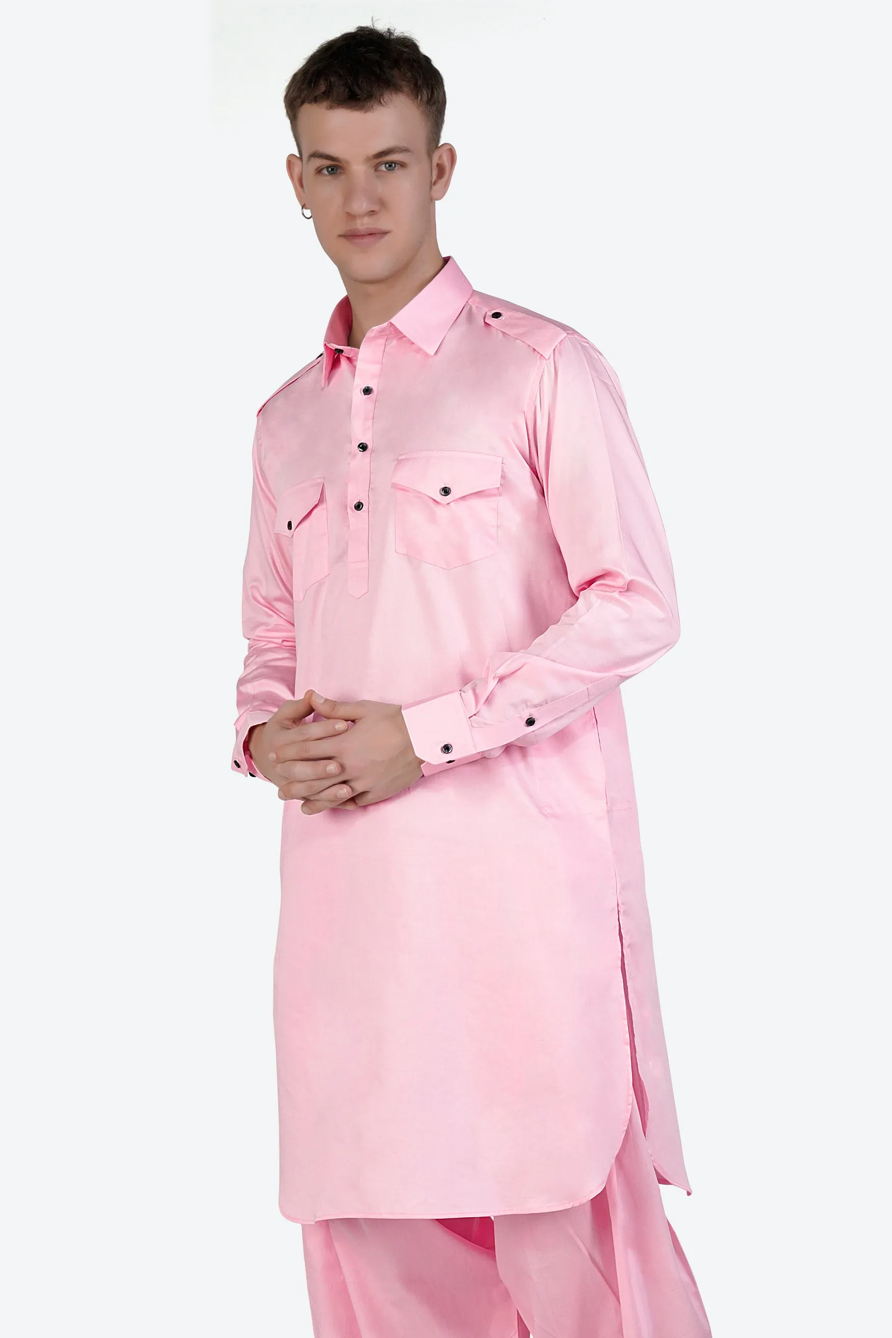 Pastel Pink Subtle Sheen Super Soft Premium Cotton Pathani Kurta sold by French Crown product image thumbnail 5