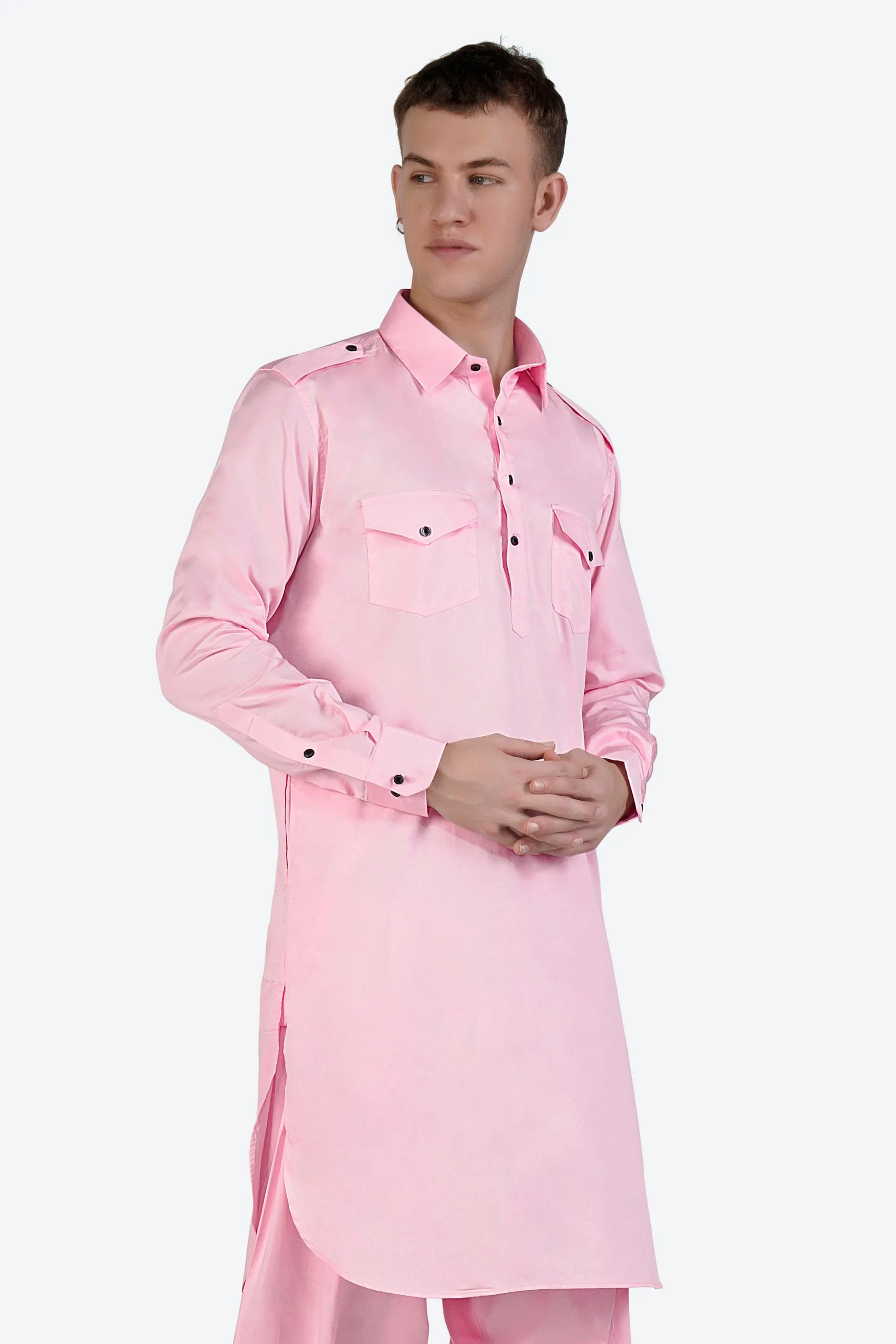 Pastel Pink Subtle Sheen Super Soft Premium Cotton Pathani Kurta sold by French Crown product image thumbnail 2