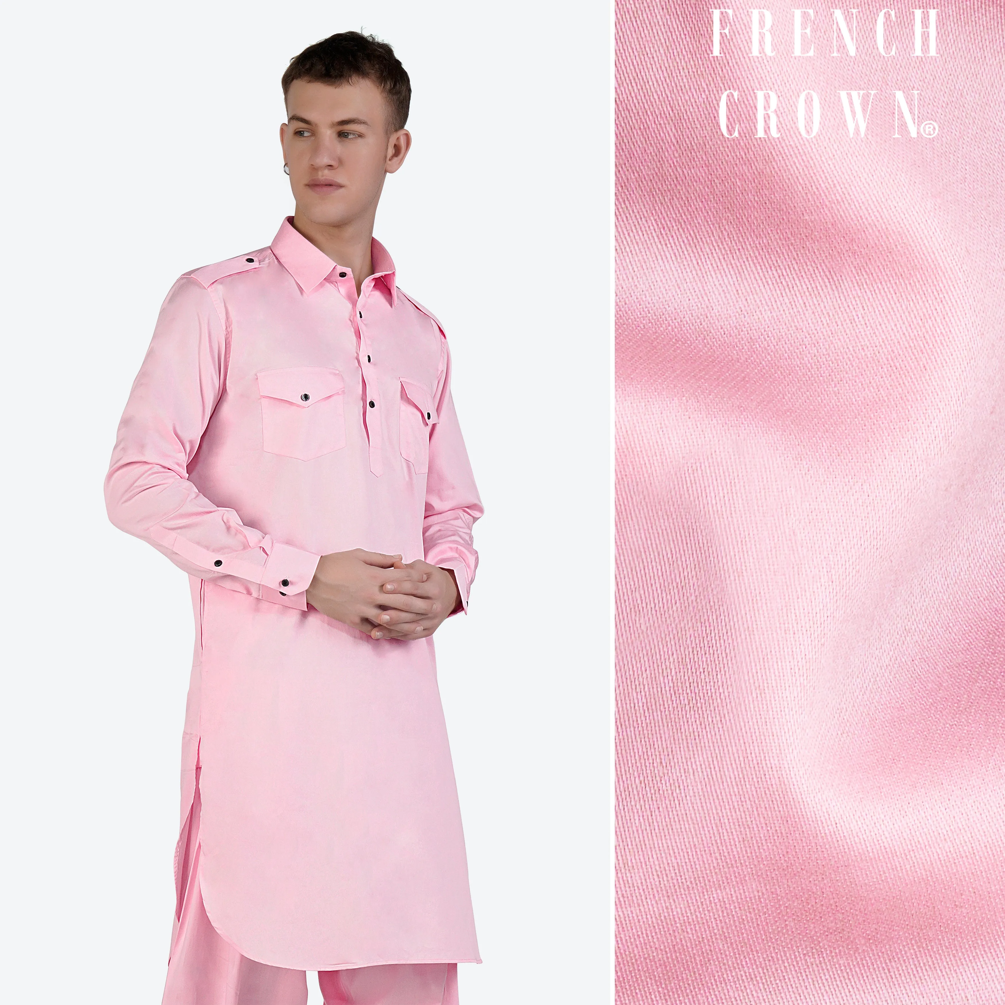 Pastel Pink Subtle Sheen Super Soft Premium Cotton Pathani Kurta sold by French Crown