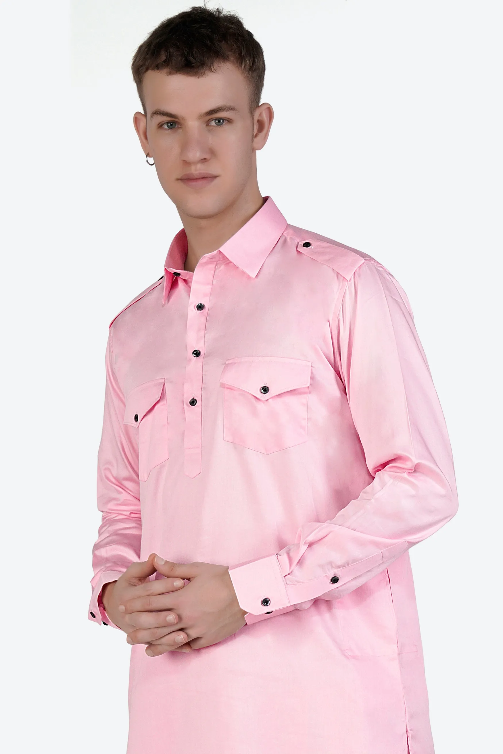 Pastel Pink Subtle Sheen Super Soft Premium Cotton Pathani Kurta sold by French Crown product image thumbnail 4