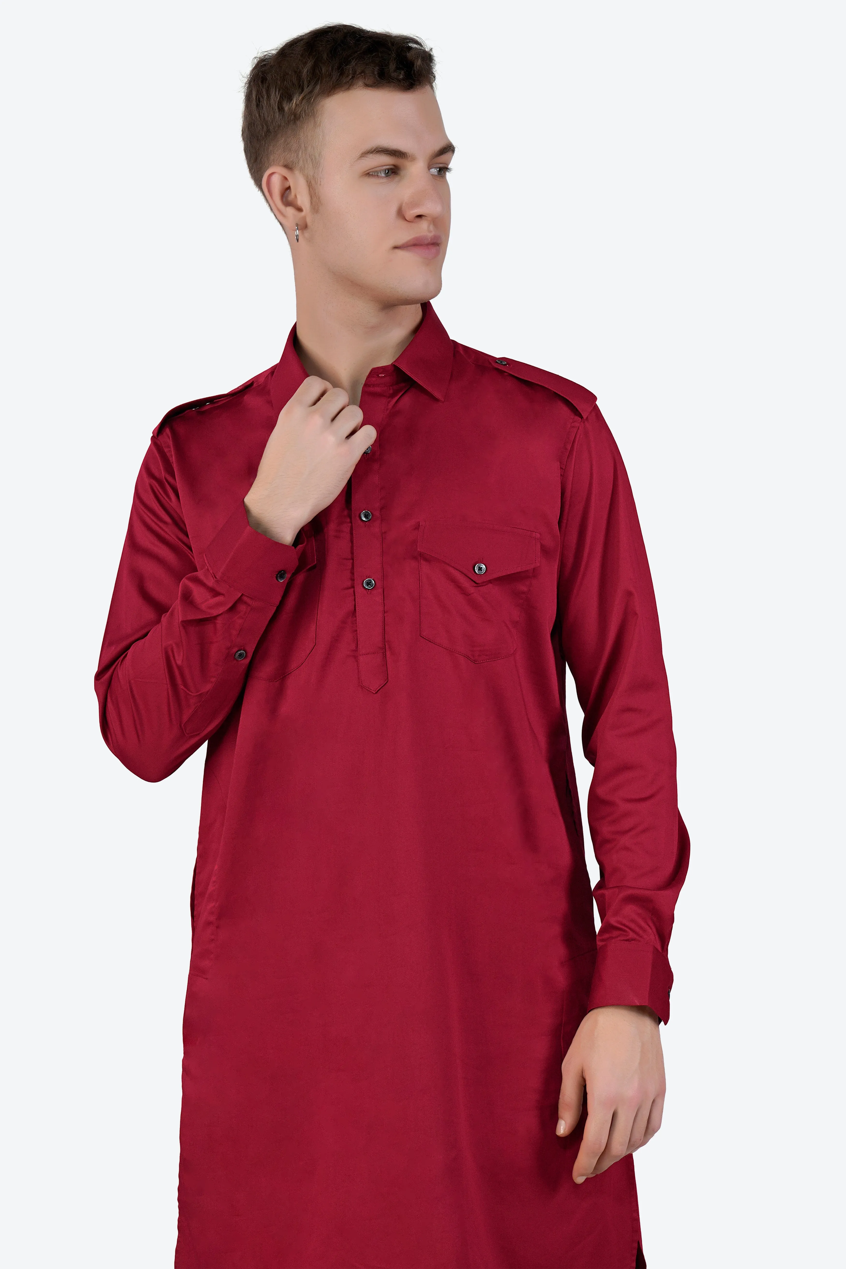 Vivid Auburn Red Subtle Sheen Super Soft Premium Cotton Pathani Set sold by French Crown product image thumbnail 4