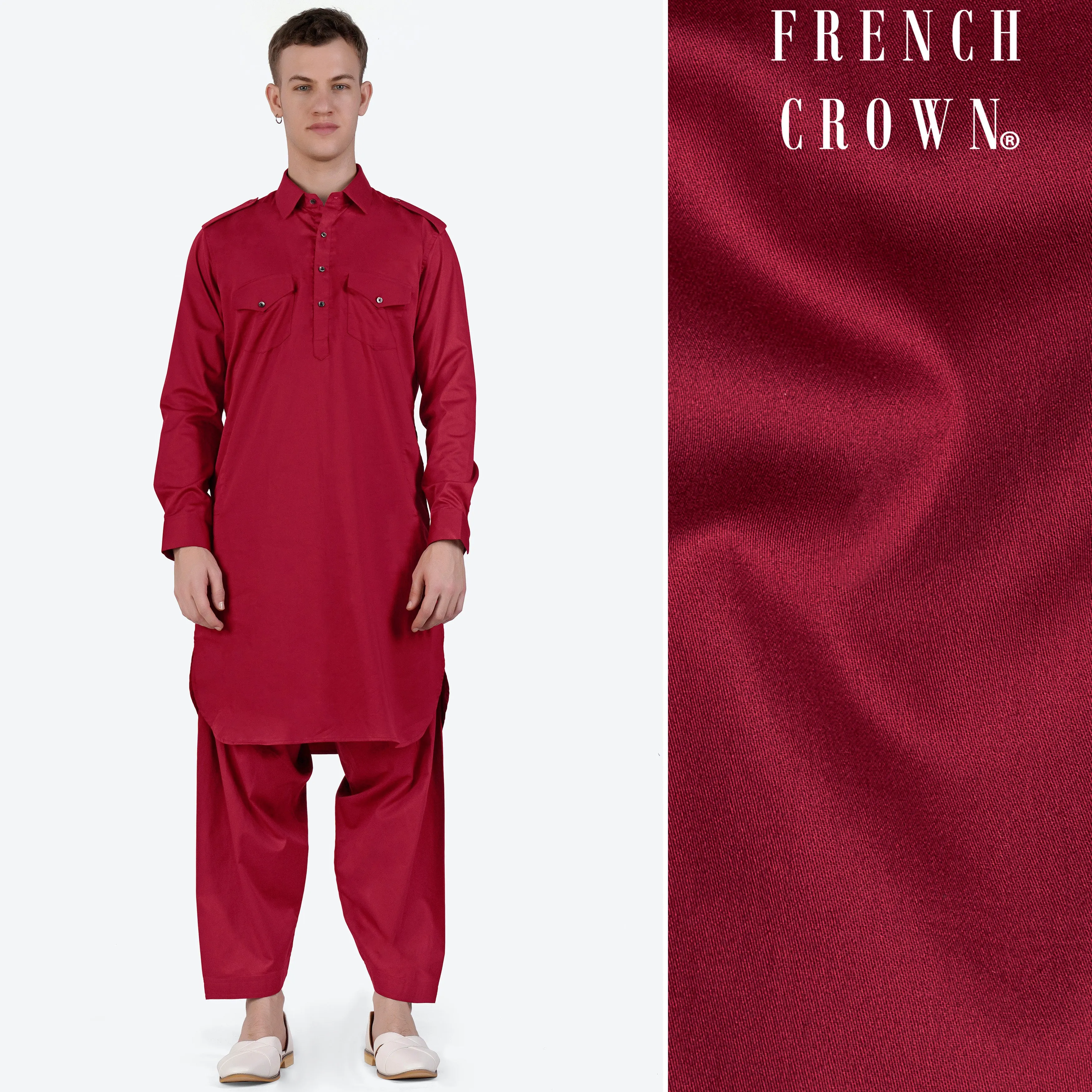 Vivid Auburn Red Subtle Sheen Super Soft Premium Cotton Pathani Set sold by French Crown
