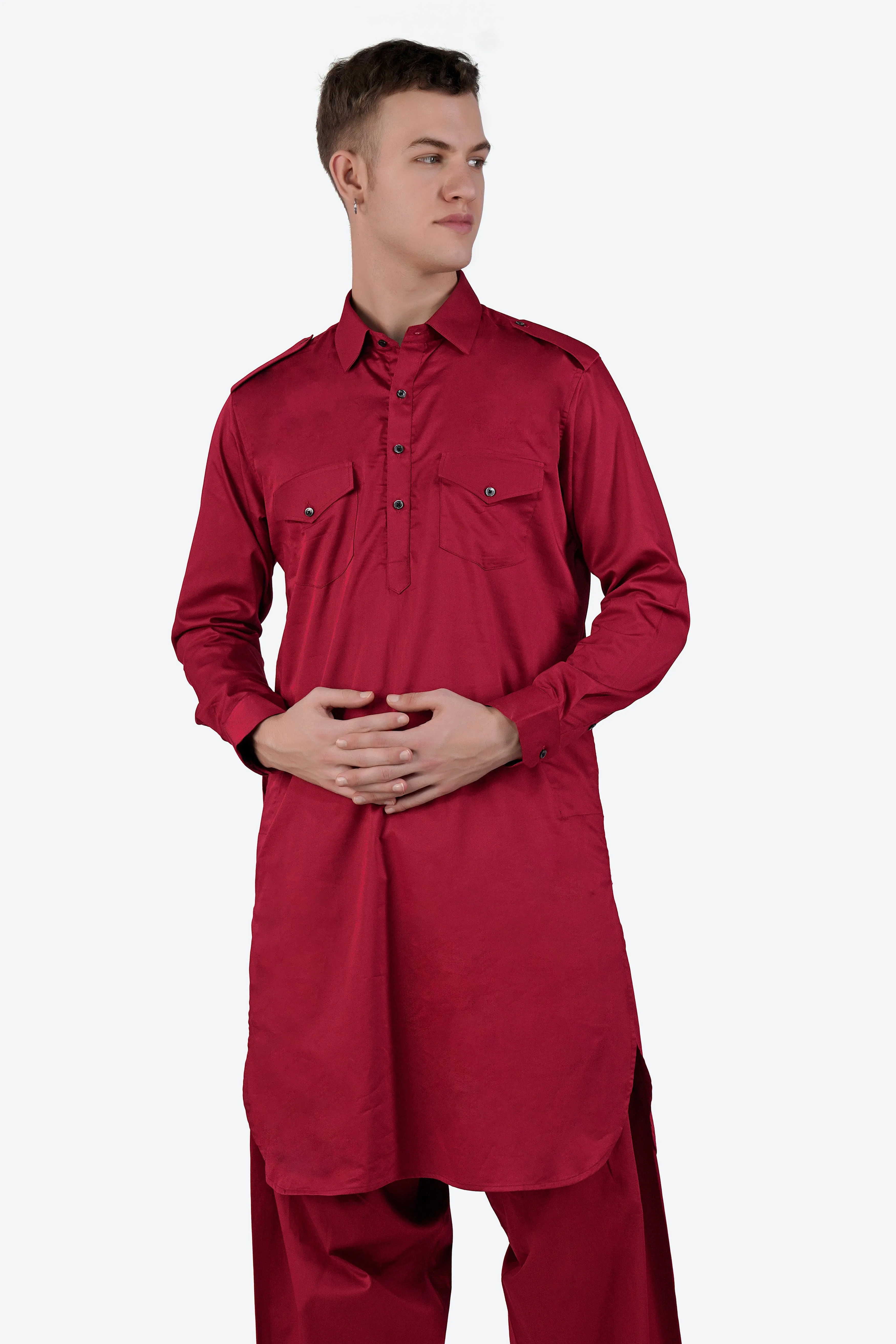 Vivid Auburn Red Subtle Sheen Super Soft Premium Cotton Pathani Set sold by French Crown product image thumbnail 5