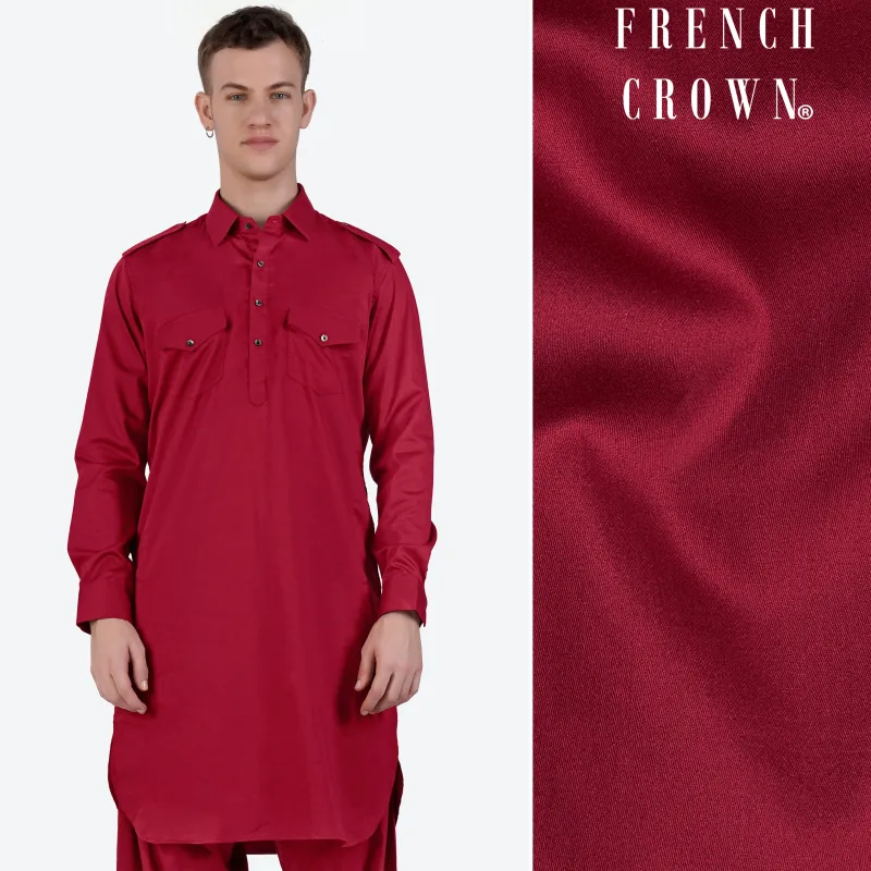 Vivid Auburn Red Subtle Sheen Super Soft Premium Cotton Pathani Kurta sold by French Crown