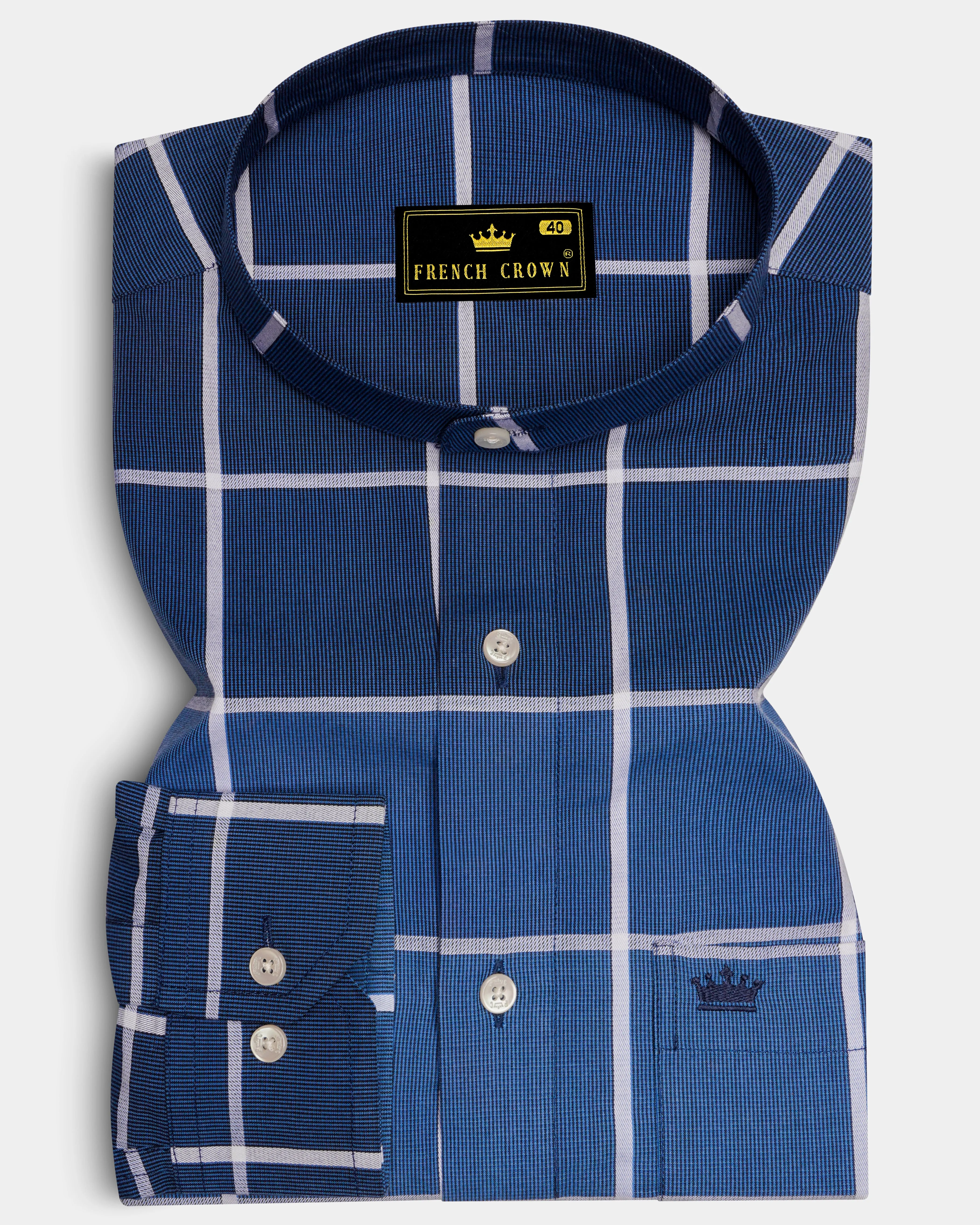 Fun Blue and White Windowpane Premium Cotton Shirt sold by French Crown