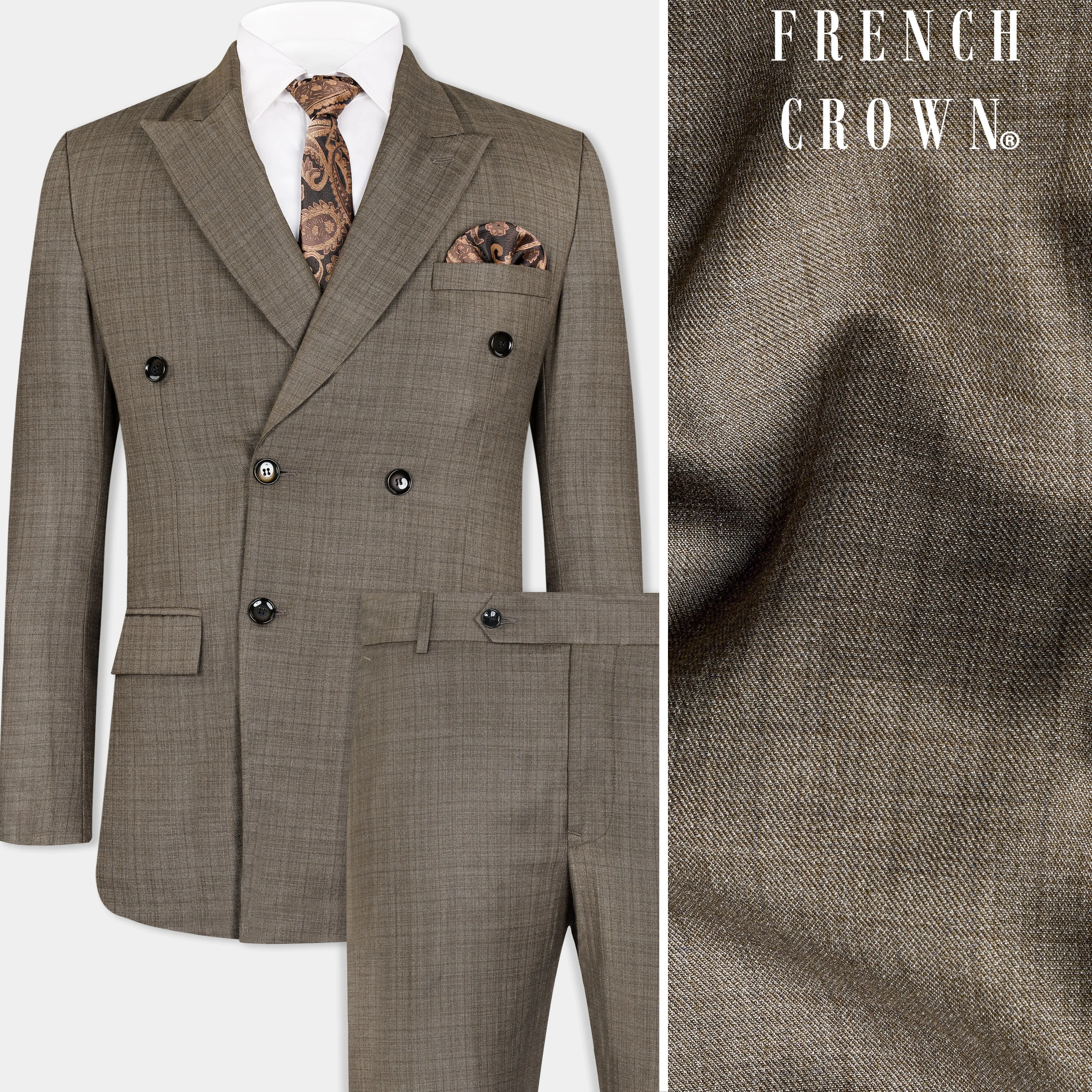 Hemp Brown Checkered Wool Rich Double Breasted Suit sold by French Crown