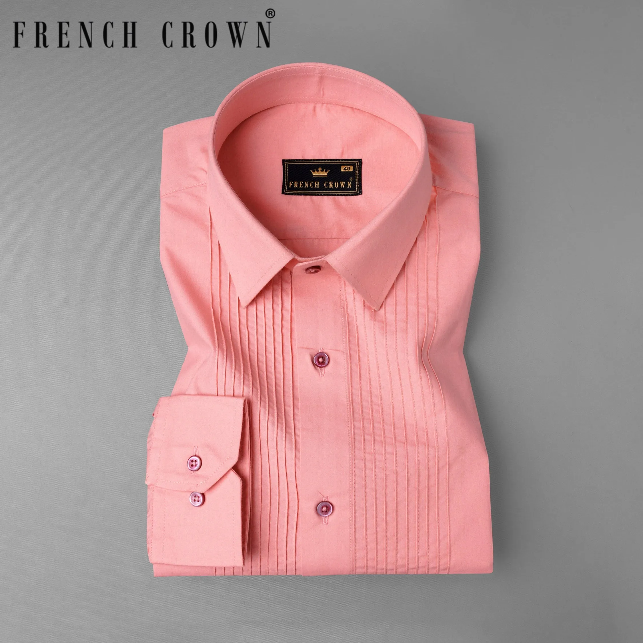 Sundown Pink Pin Tucks Premium Cotton Tuxedo Shirt sold by French Crown