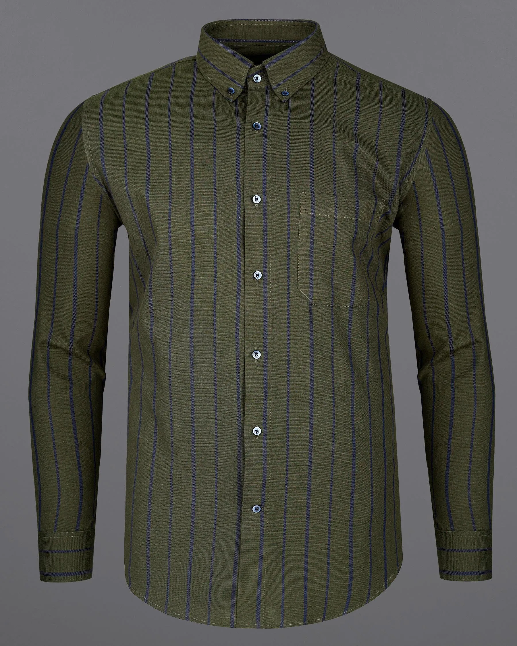 Taupe Green With Valhalla Blue Striped Dobby Textured Premium Giza Cotton Shirt sold by French Crown product image thumbnail 5