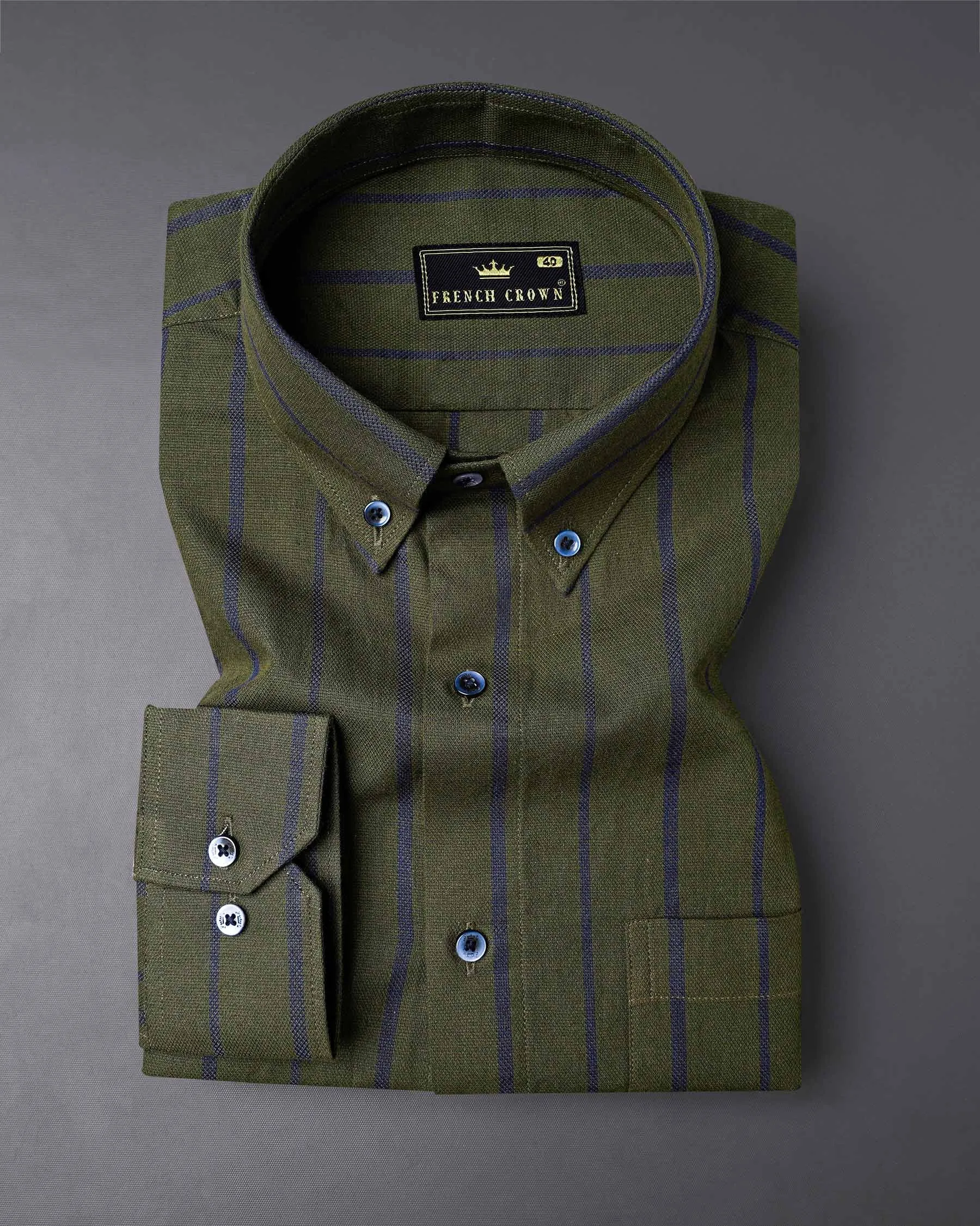 Taupe Green With Valhalla Blue Striped Dobby Textured Premium Giza Cotton Shirt sold by French Crown product image thumbnail 3