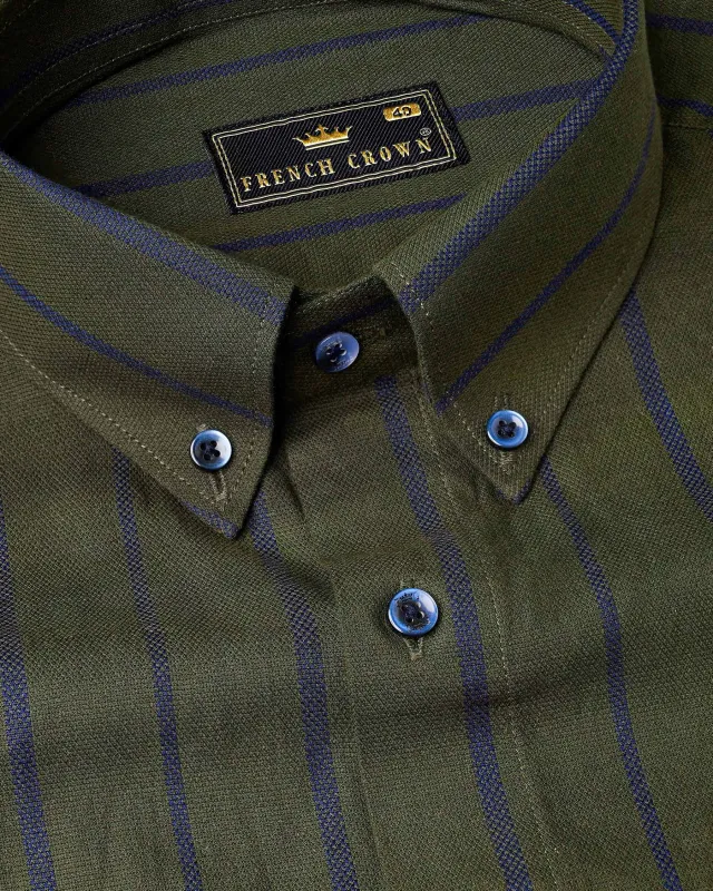 Taupe Green With Valhalla Blue Striped Dobby Textured Premium Giza Cotton Shirt sold by French Crown