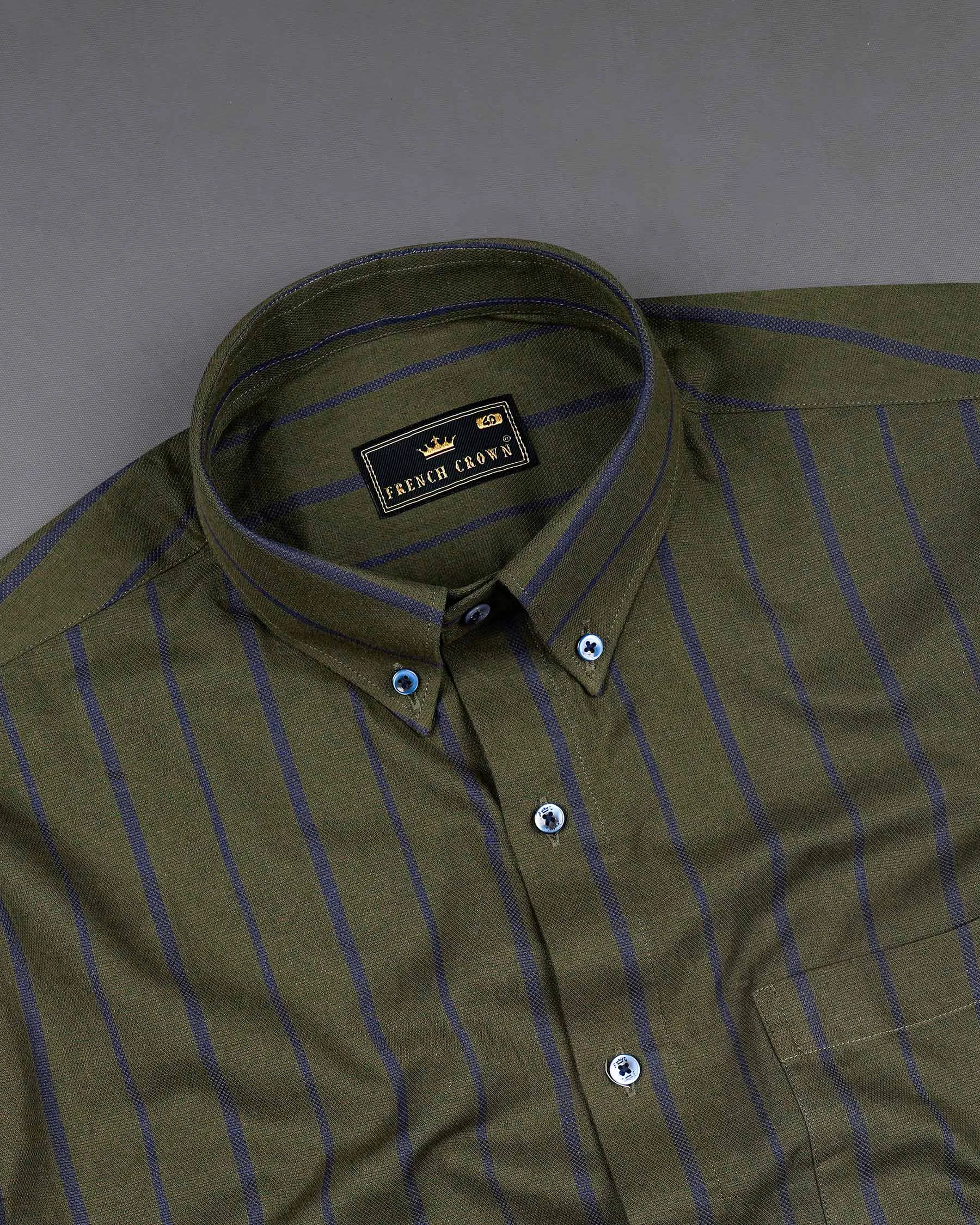 Taupe Green With Valhalla Blue Striped Dobby Textured Premium Giza Cotton Shirt sold by French Crown product image thumbnail 4